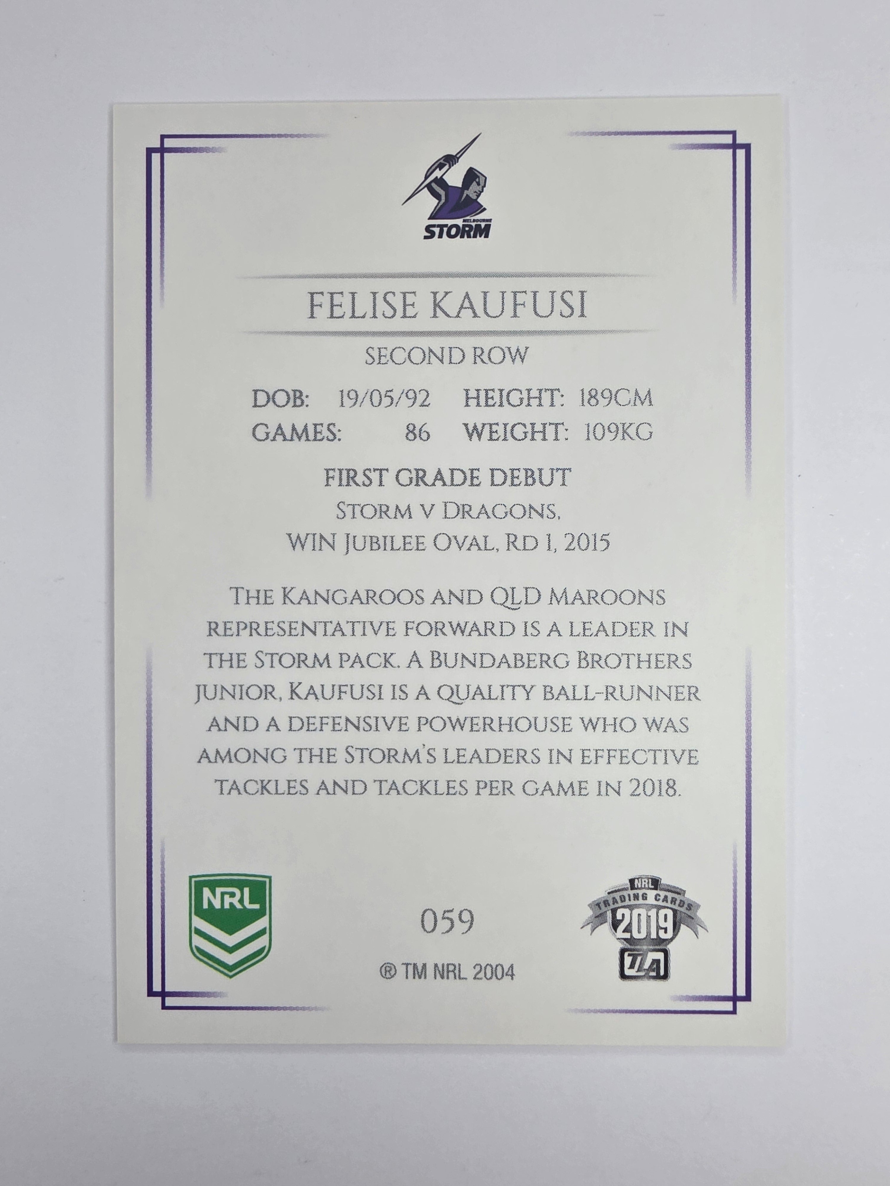 NRL 2019 Elite Base Card #59 Felise Kaufusi Melbourne Storm