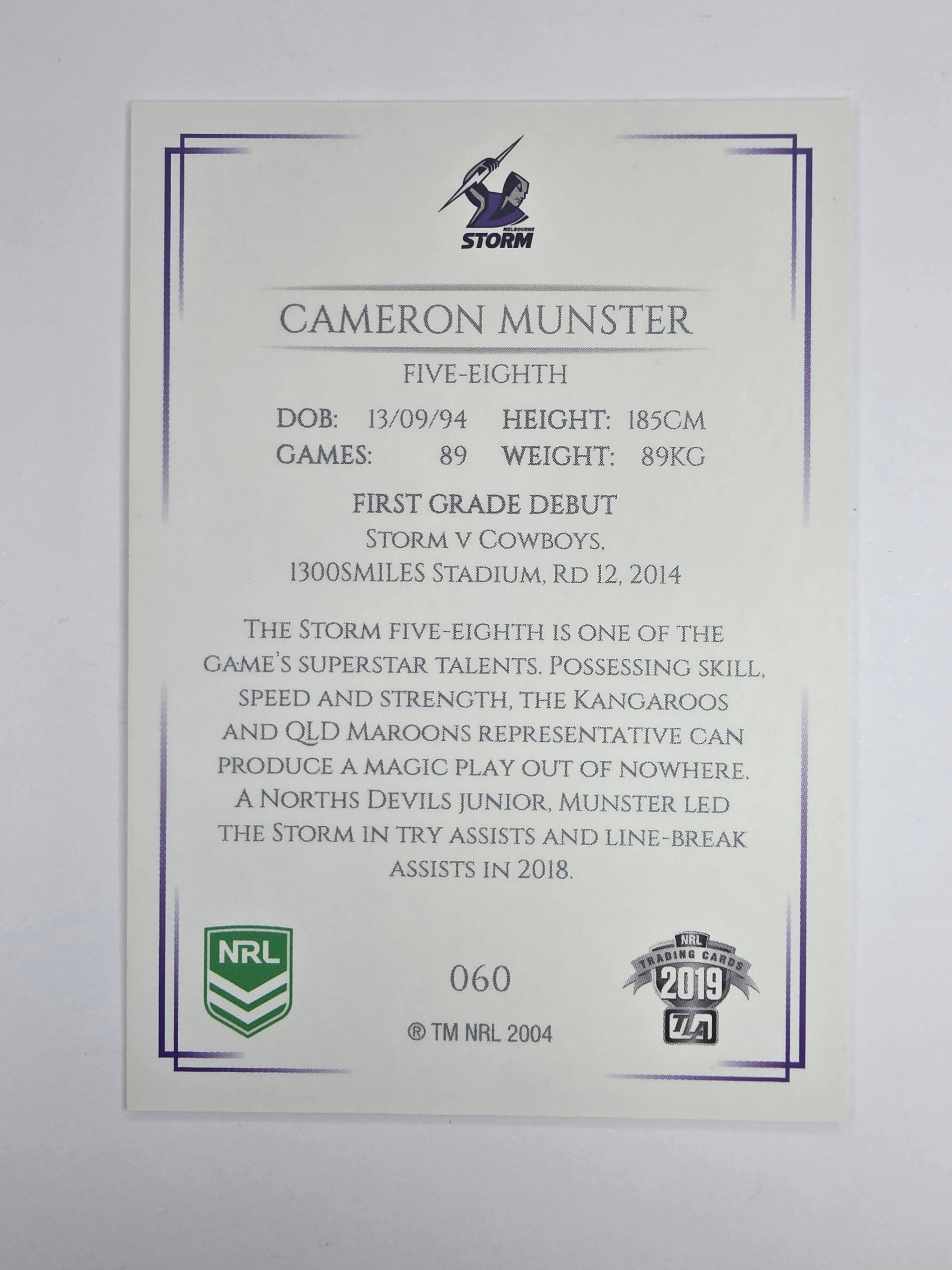 NRL 2019 Elite Base Card #60 Cameron Munster Melbourne Storm