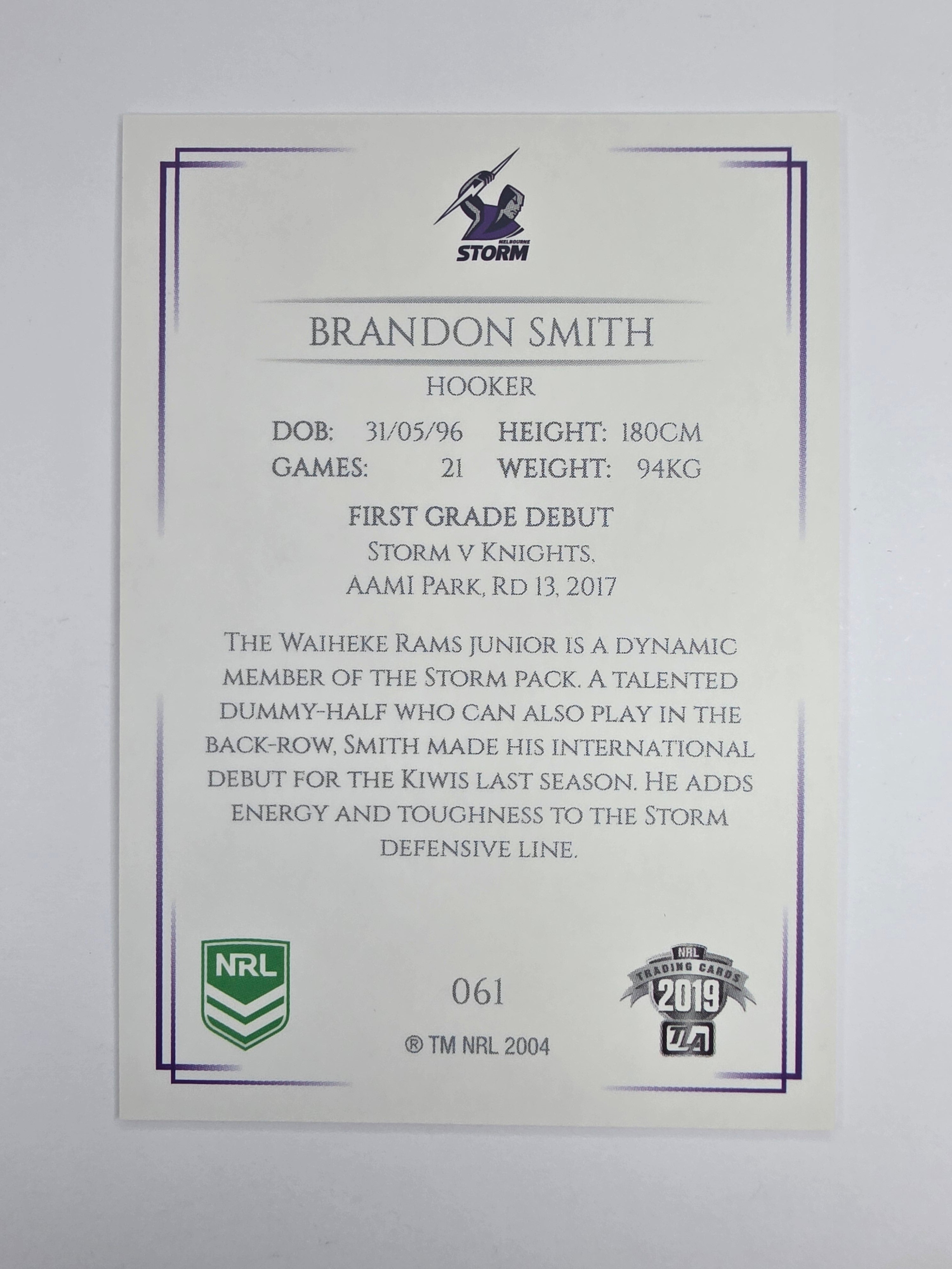 NRL 2019 Elite Base Card #61 Brandon Smith Melbourne Storm