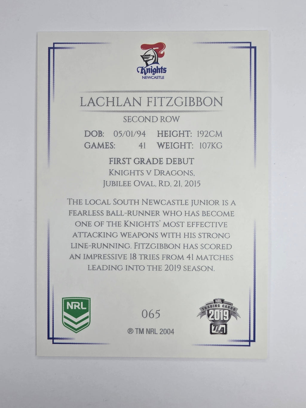 NRL 2019 Elite Base Card #65 Lachlan Fitzgibbon Newcastle Knights