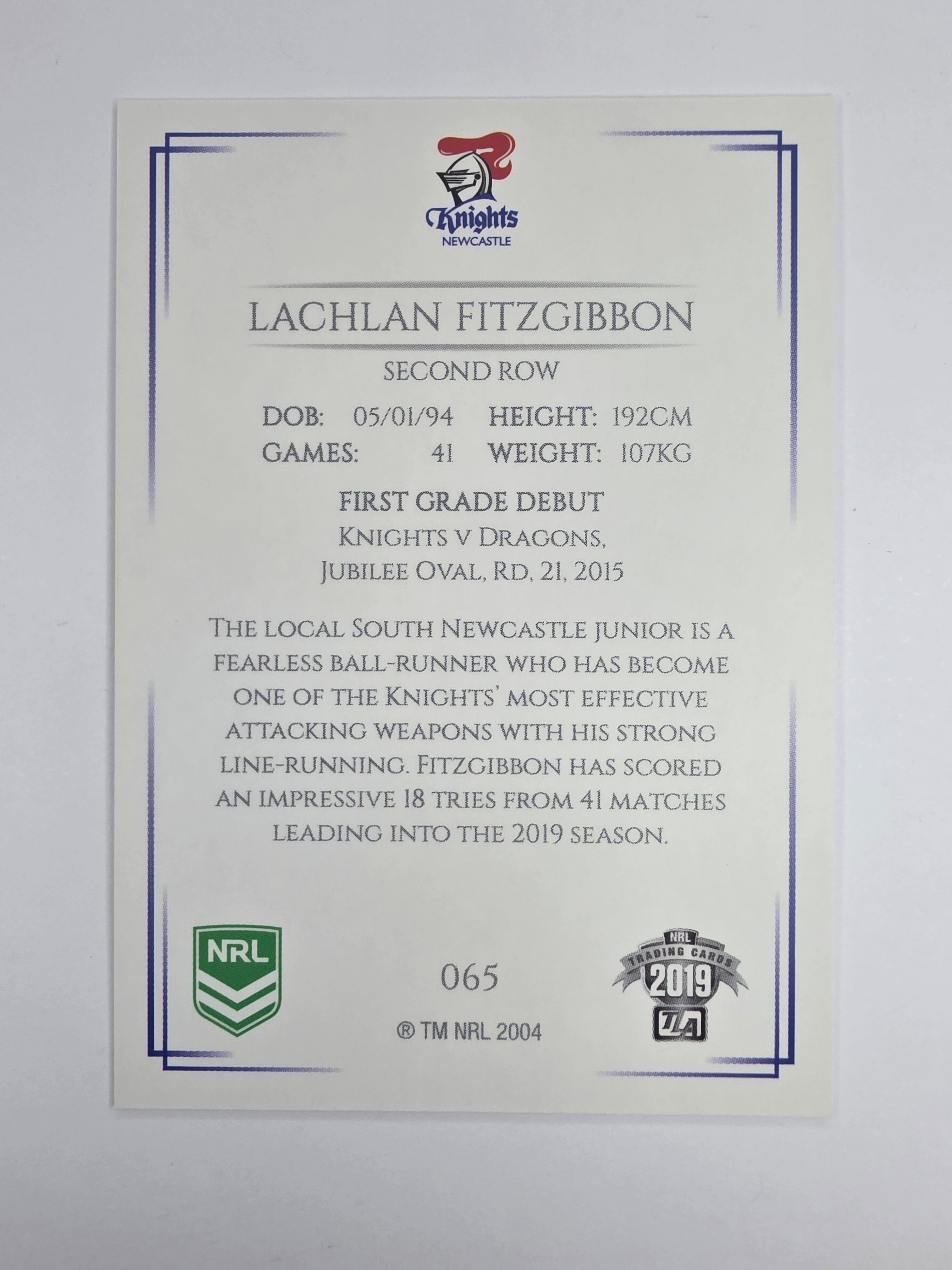 NRL 2019 Elite Base Card #65 Lachlan Fitzgibbon Newcastle Knights