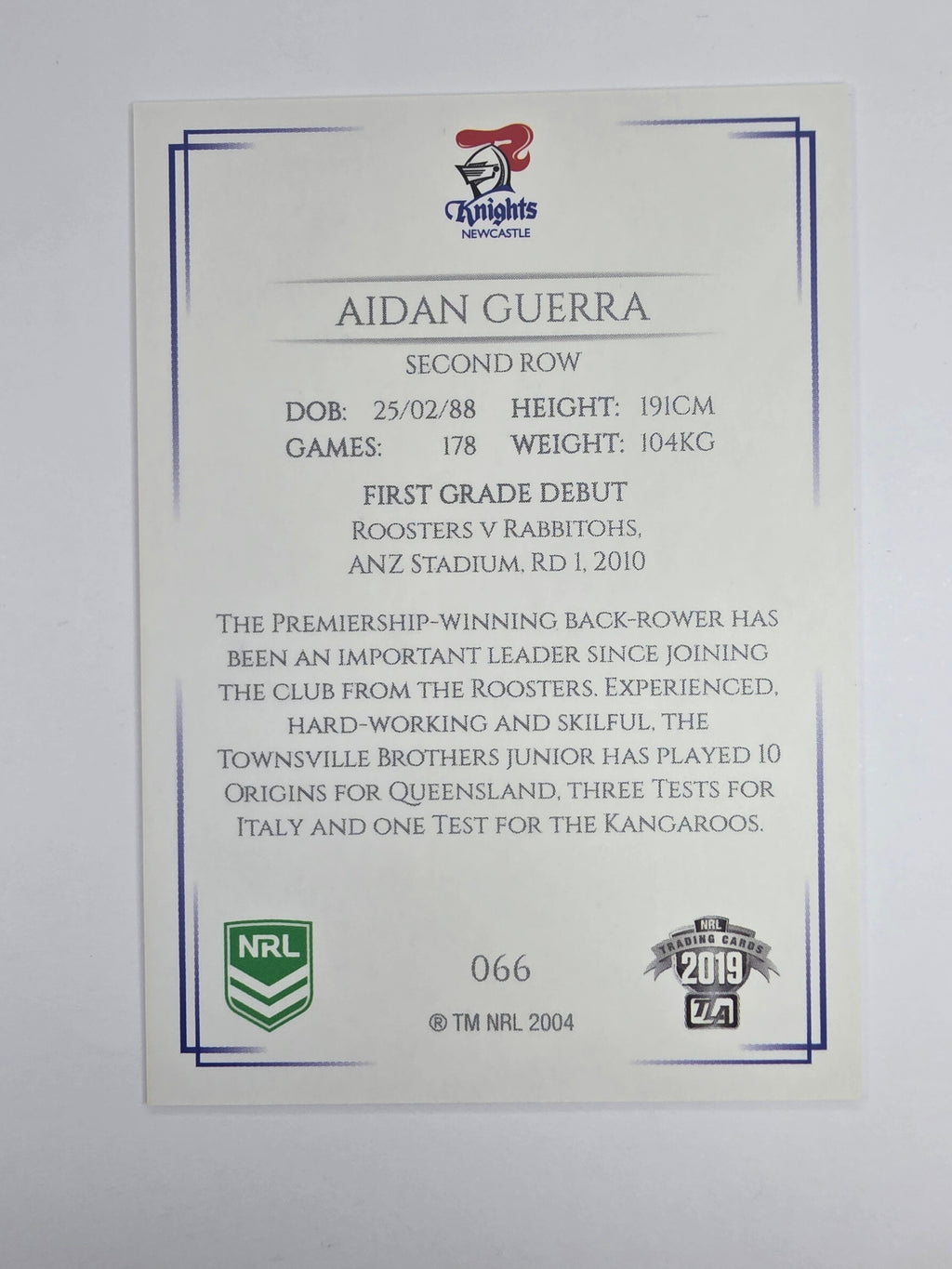 NRL 2019 Elite Base Card #66 Aidan Guerra Newcastle Knights