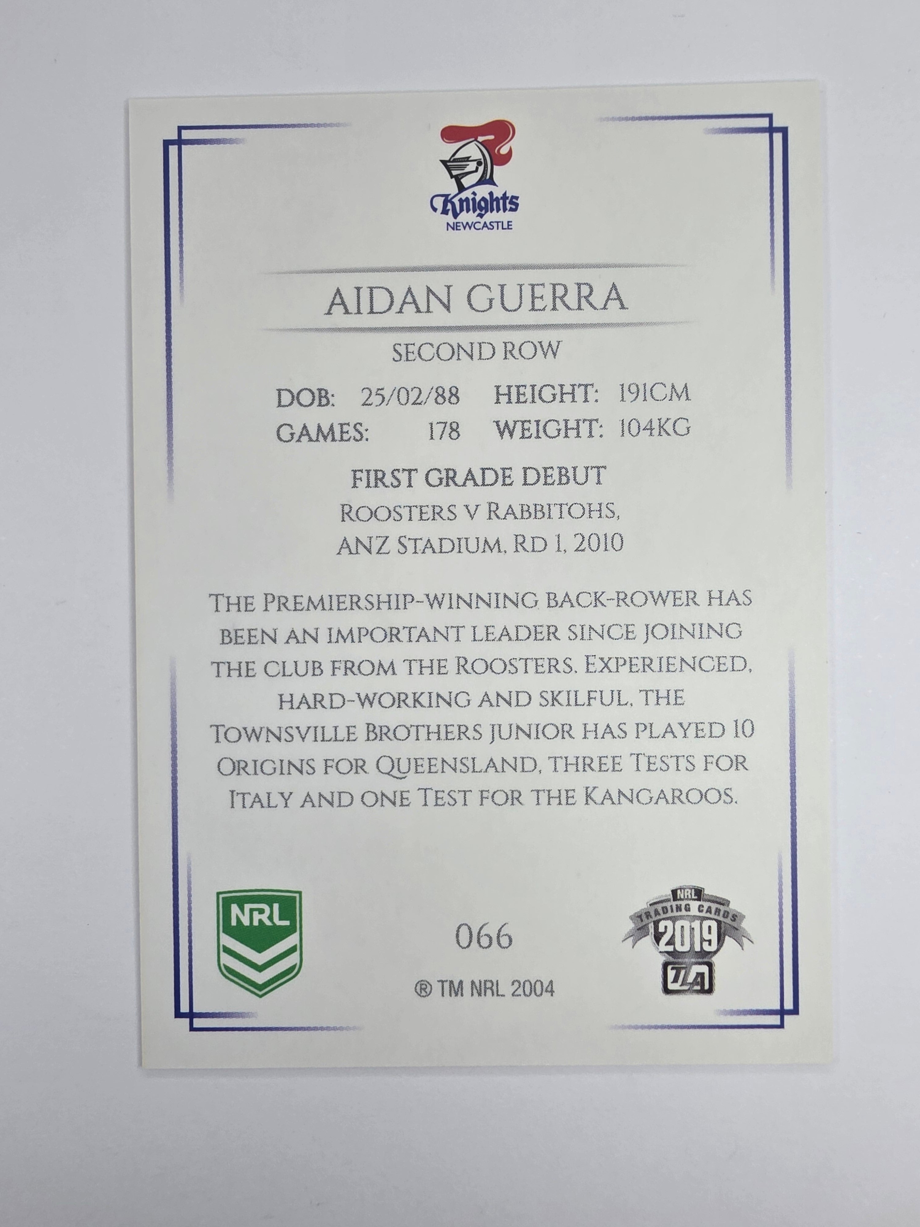 NRL 2019 Elite Base Card #66 Aidan Guerra Newcastle Knights
