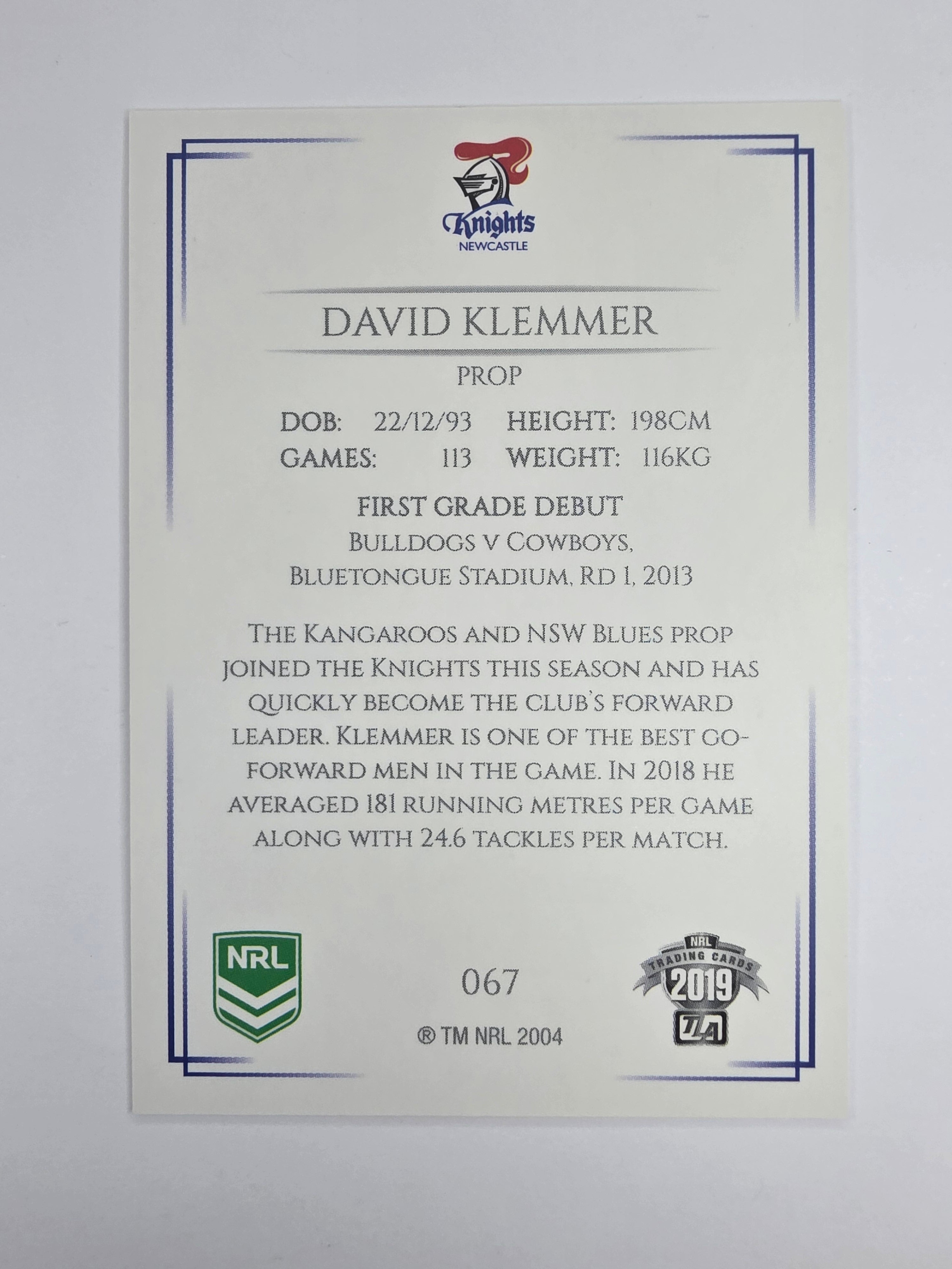 NRL 2019 Elite Base Card #67 David Klemmer Newcastle Knights