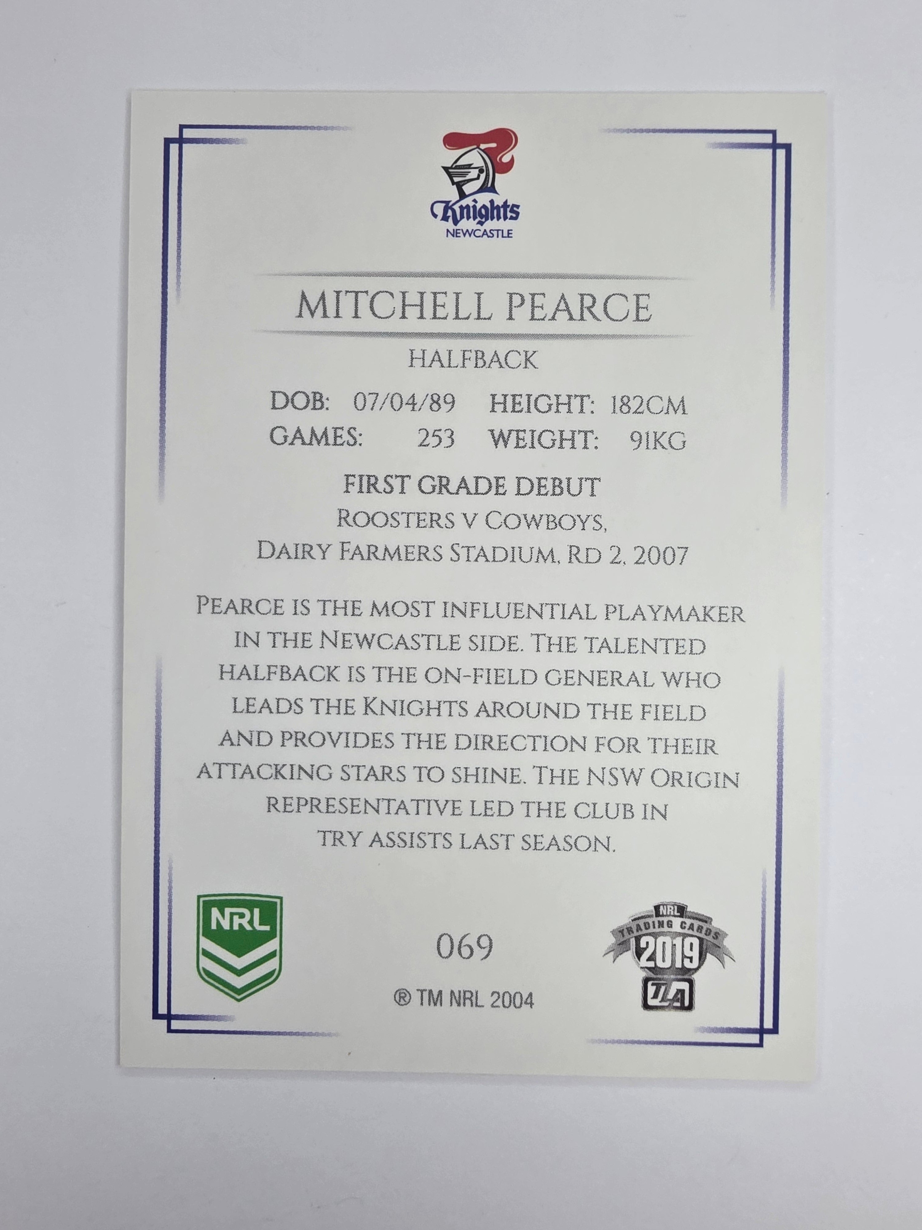 NRL 2019 Elite Base Card #69 Mitchell Pearce Newcastle Knights