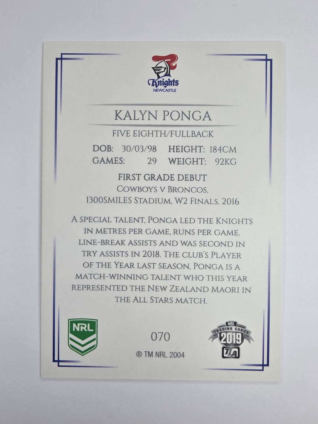 NRL 2019 Elite Base Card #70 Kalyn Ponga Newcastle Knights