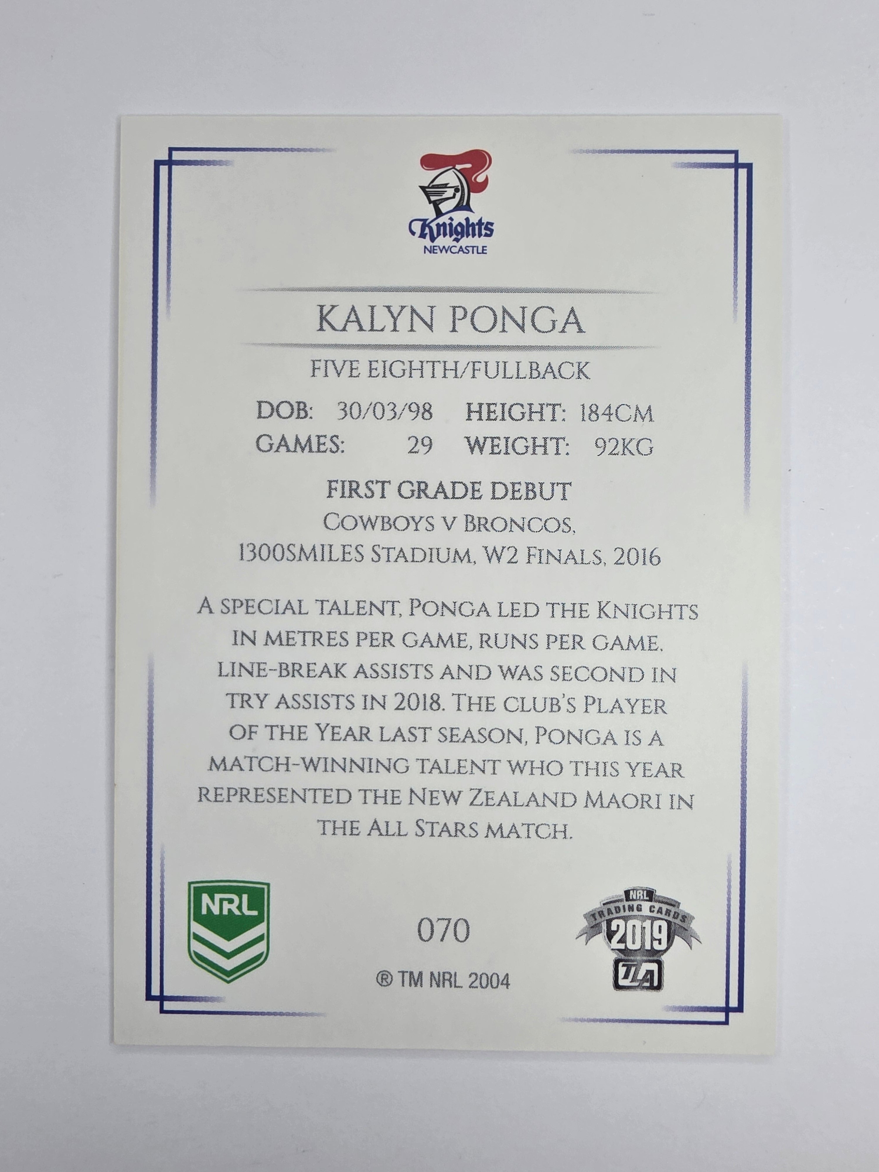 NRL 2019 Elite Base Card #70 Kalyn Ponga Newcastle Knights