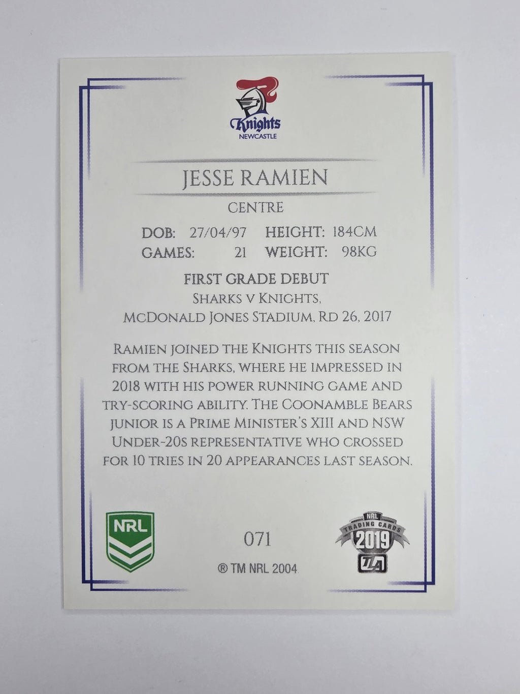 NRL 2019 Elite Base Card #71 Jesse Ramien Newcastle Knights