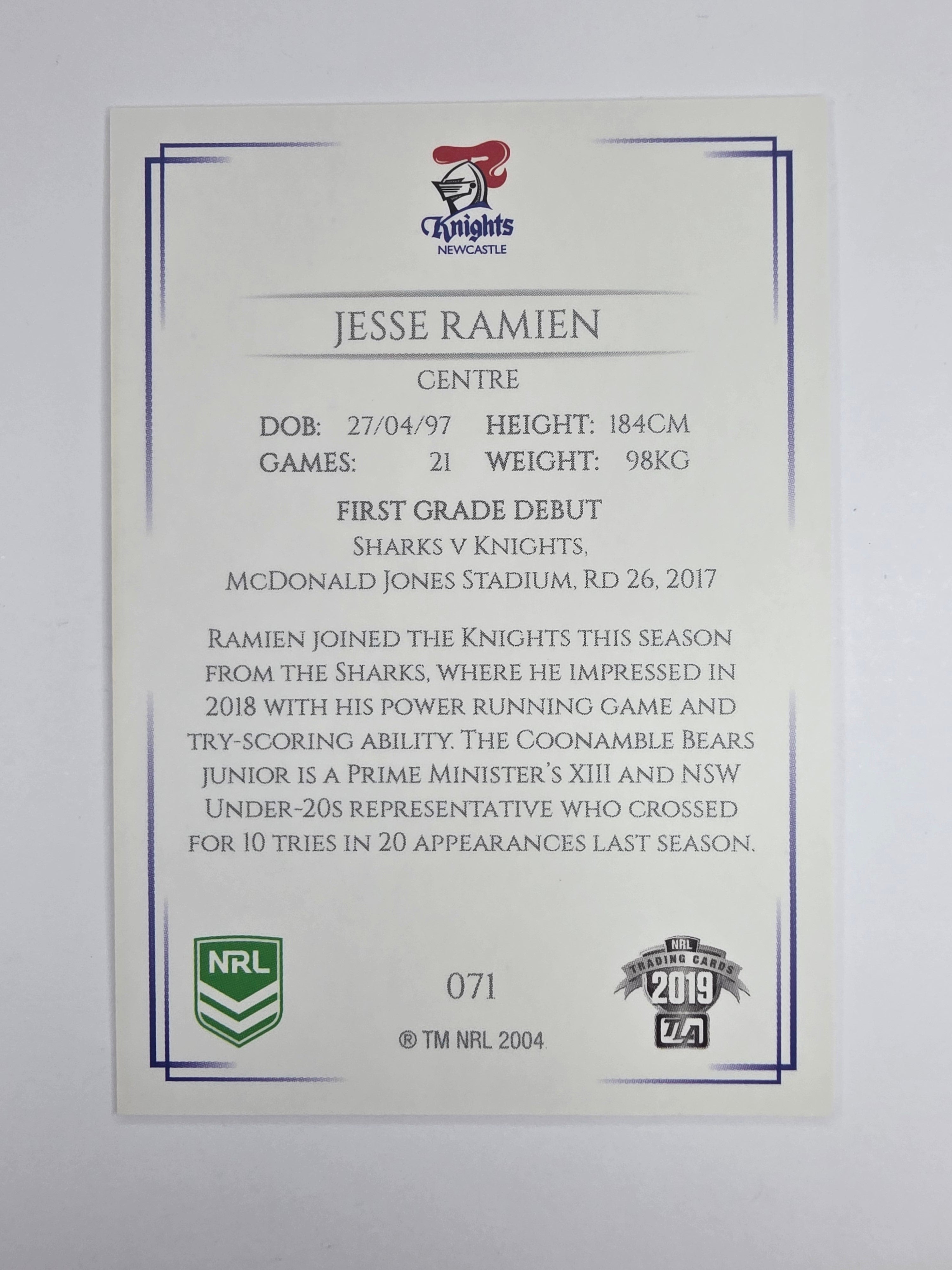NRL 2019 Elite Base Card #71 Jesse Ramien Newcastle Knights