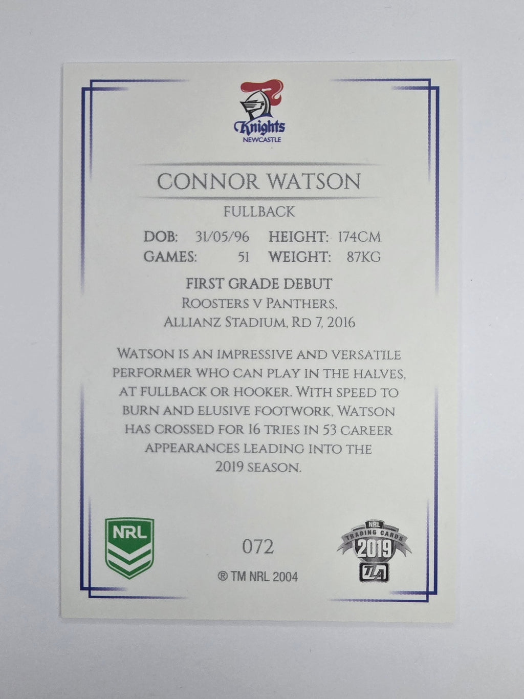 NRL 2019 Elite Base Card #72 Connor Watson Newcastle Knights