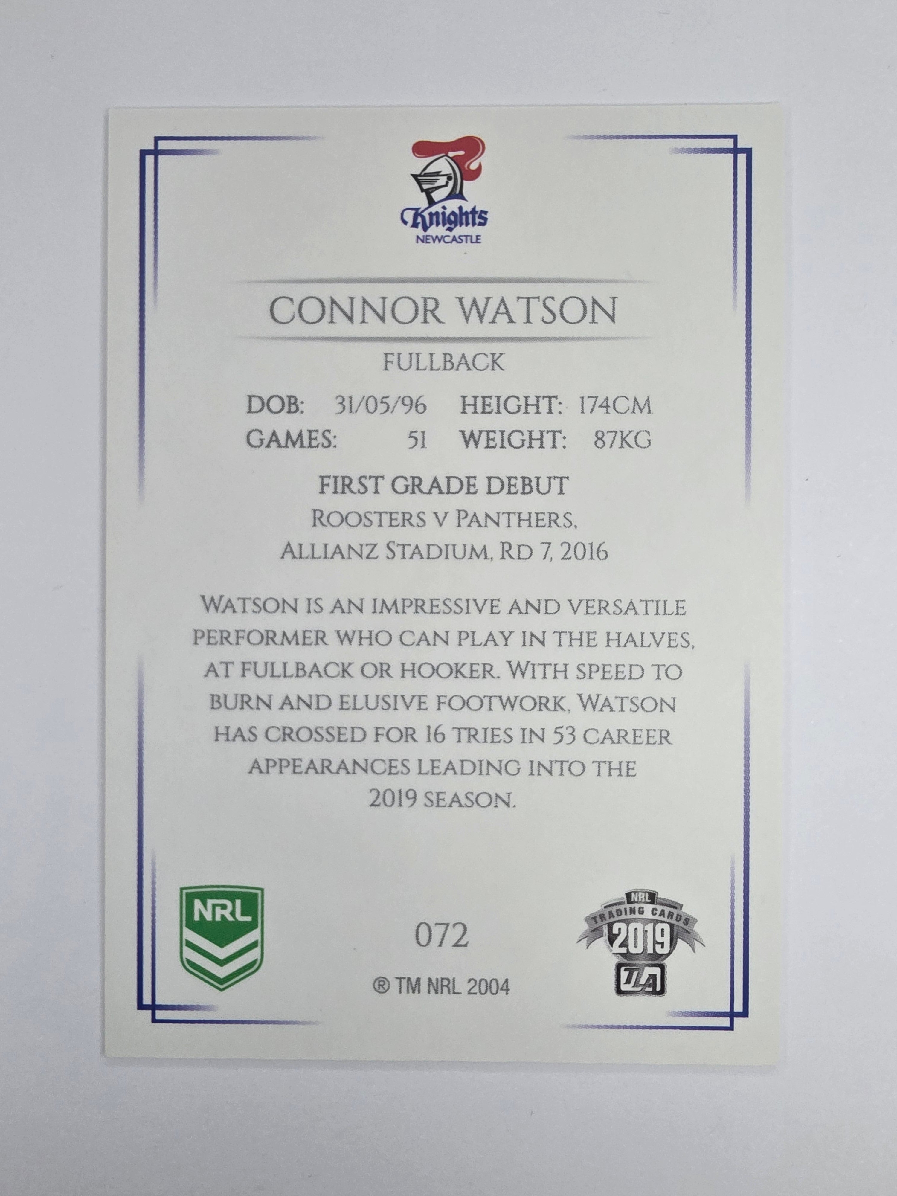 NRL 2019 Elite Base Card #72 Connor Watson Newcastle Knights