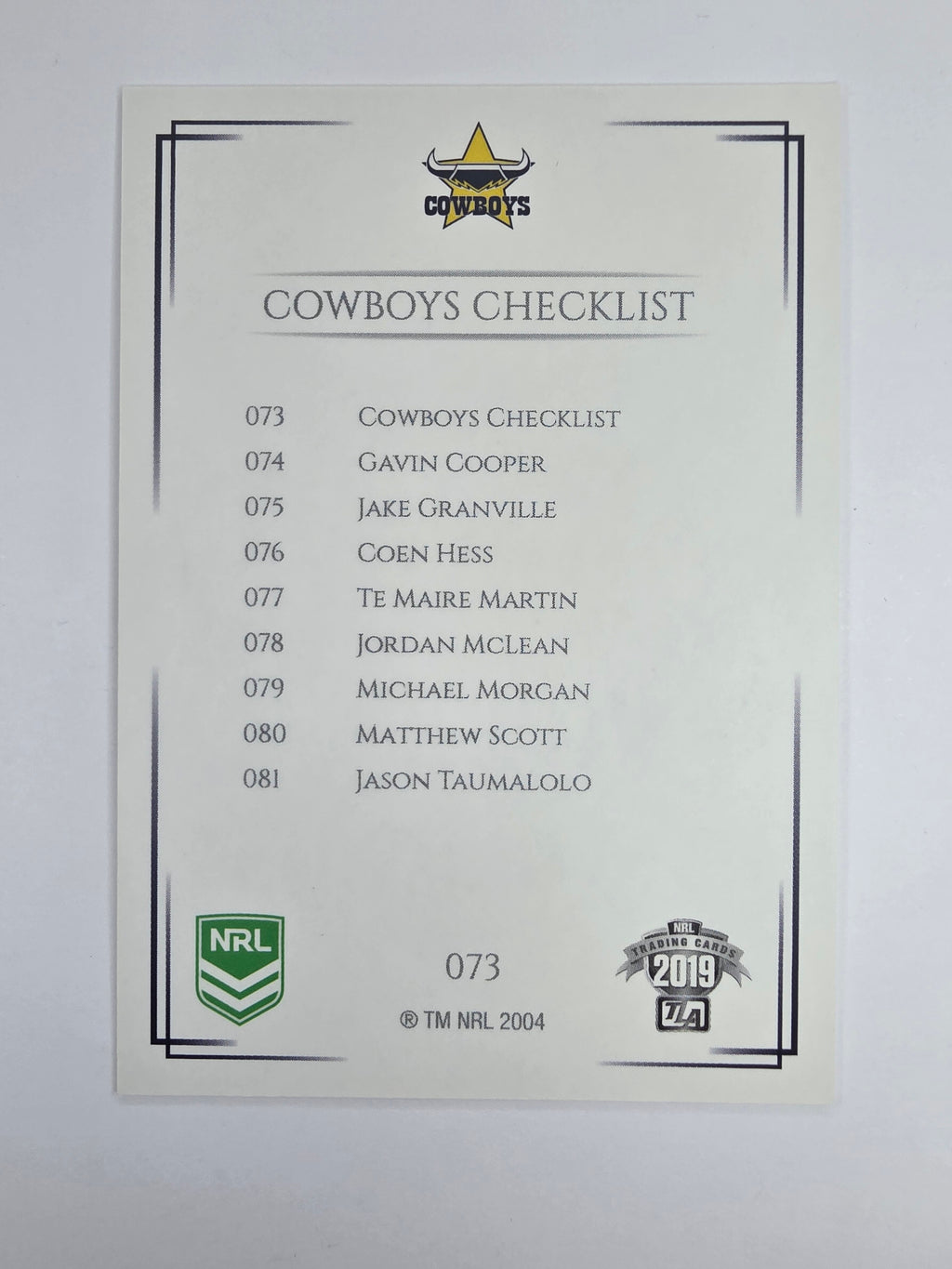 NRL 2019 Elite Base Card #73 Checklist North Queensland Cowboys