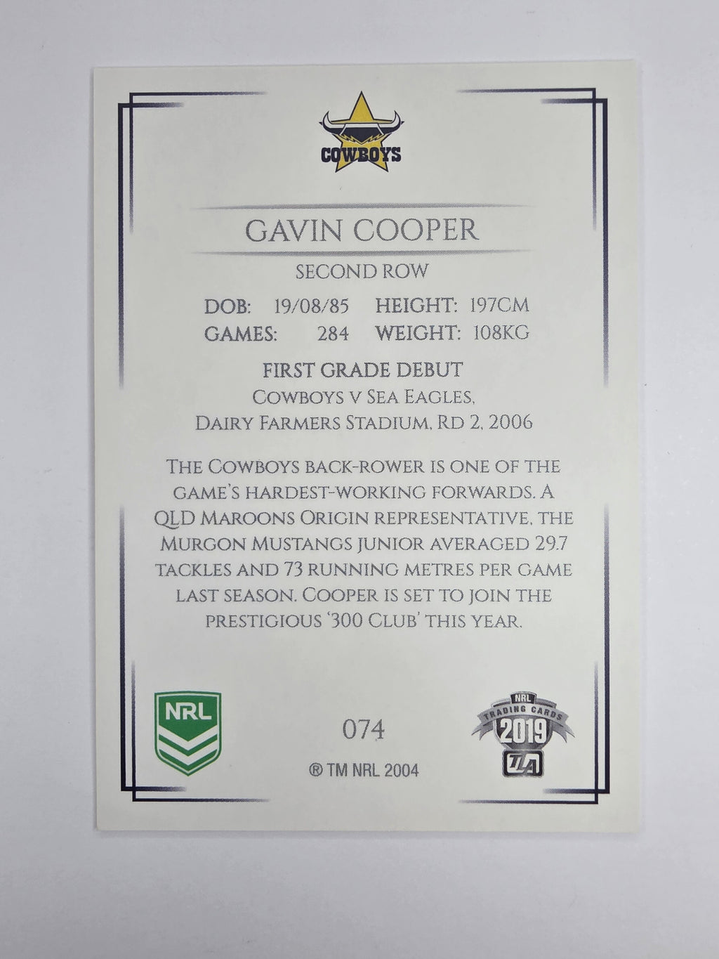 NRL 2019 Elite Base Card #74 Gavin Cooper North Queensland Cowboys