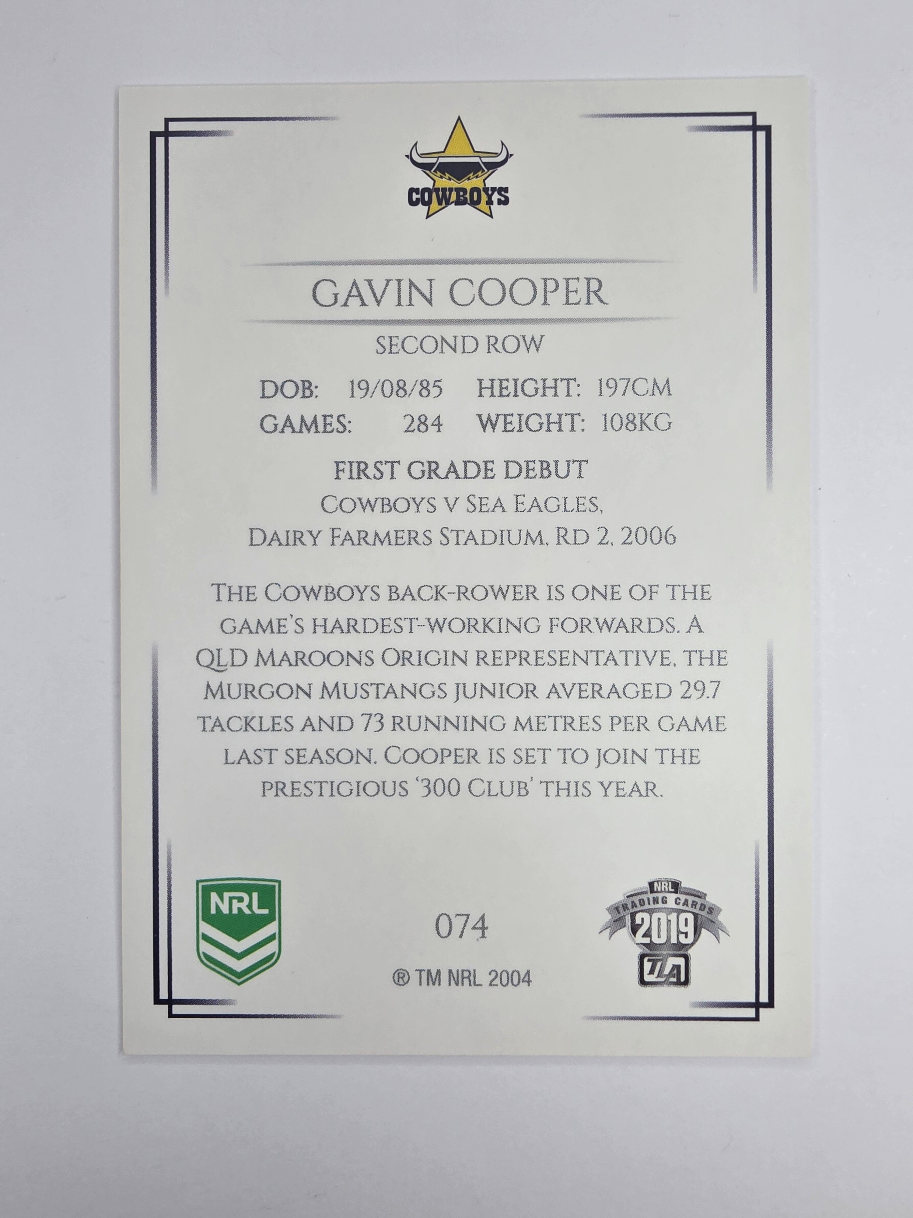 NRL 2019 Elite Base Card #74 Gavin Cooper North Queensland Cowboys