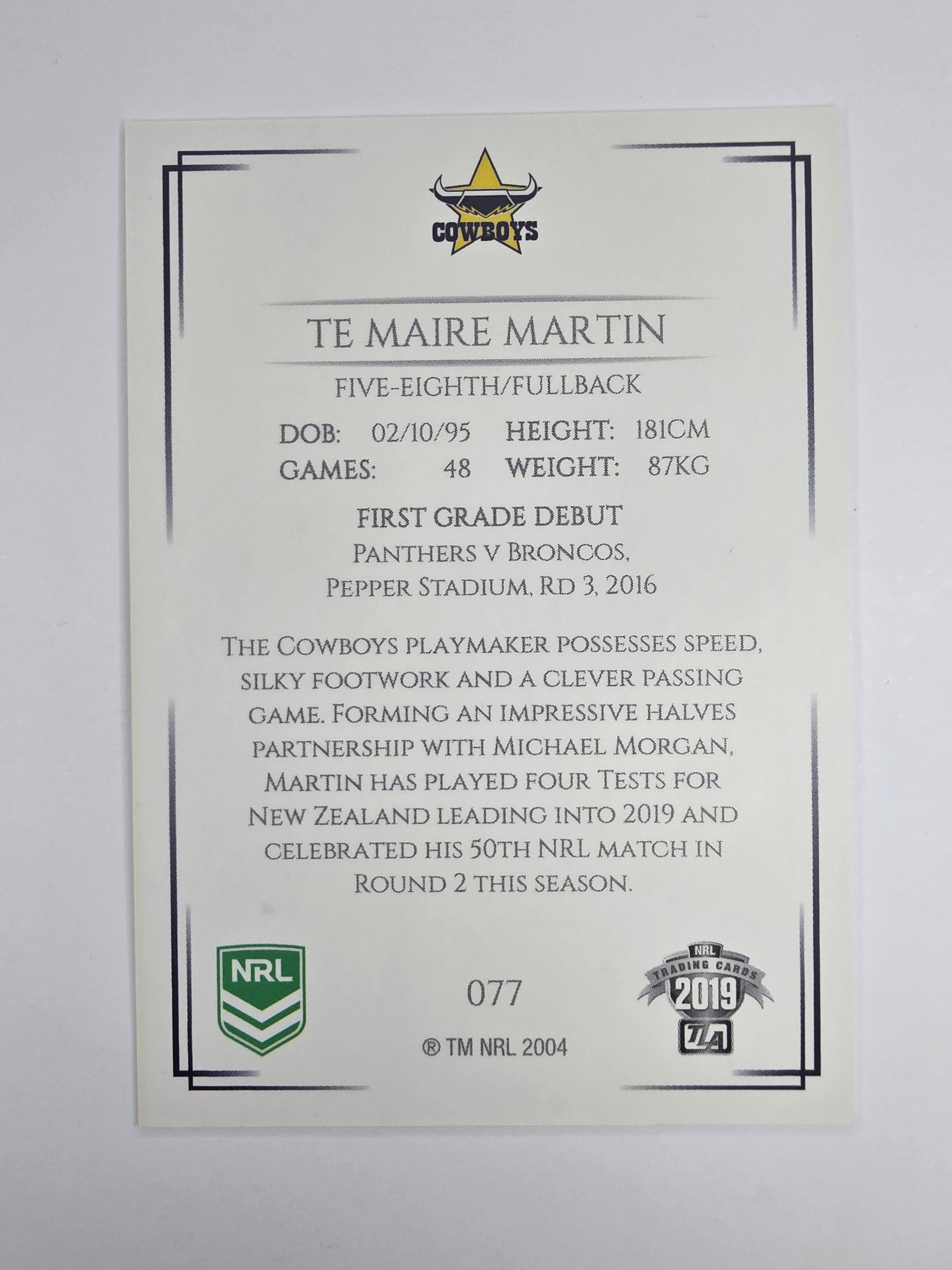 NRL 2019 Elite Base Card #77 Te Maire Martin North Queensland Cowboys