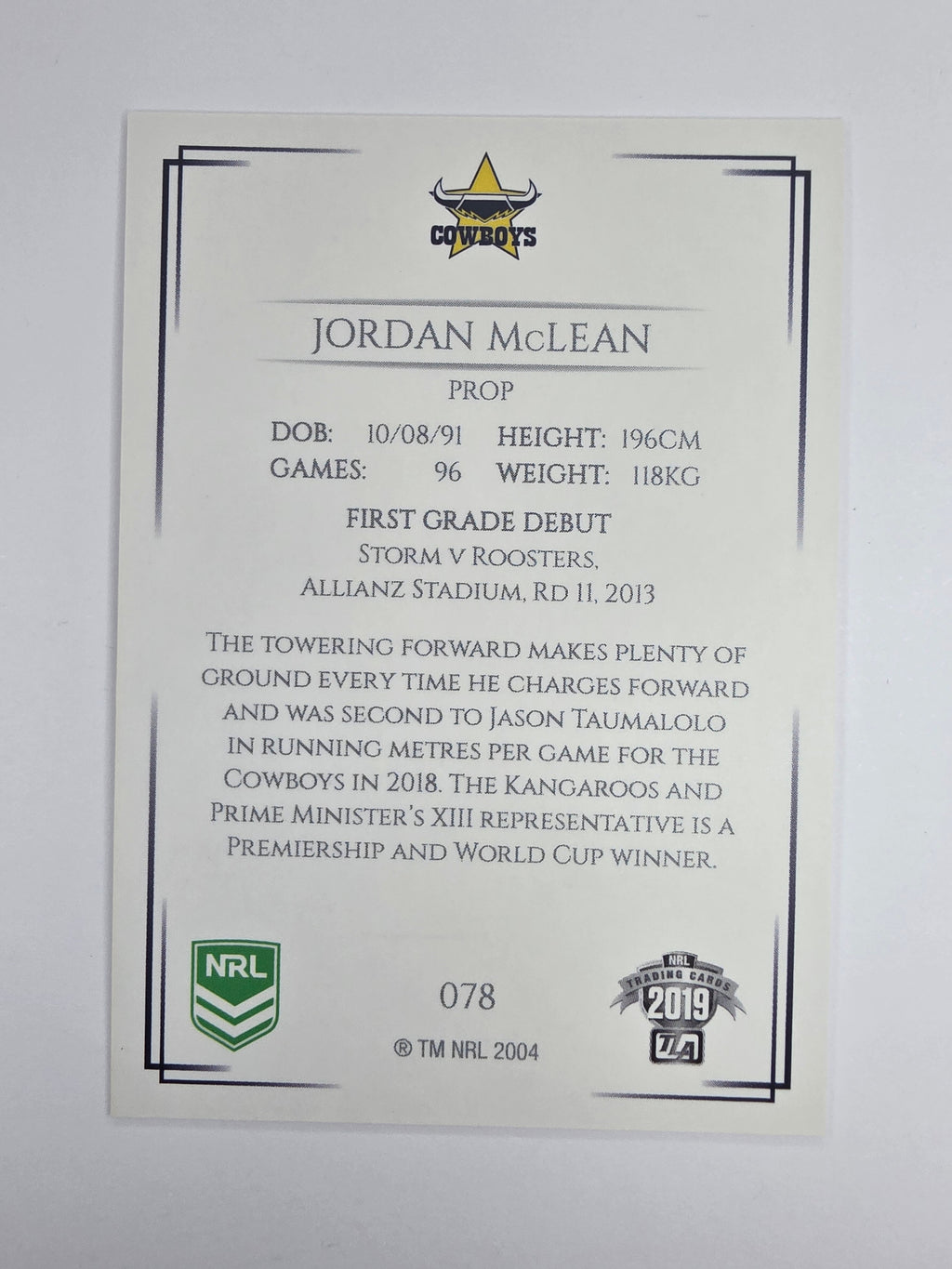 NRL 2019 Elite Base Card #78 Jordan McLean North Queensland Cowboys