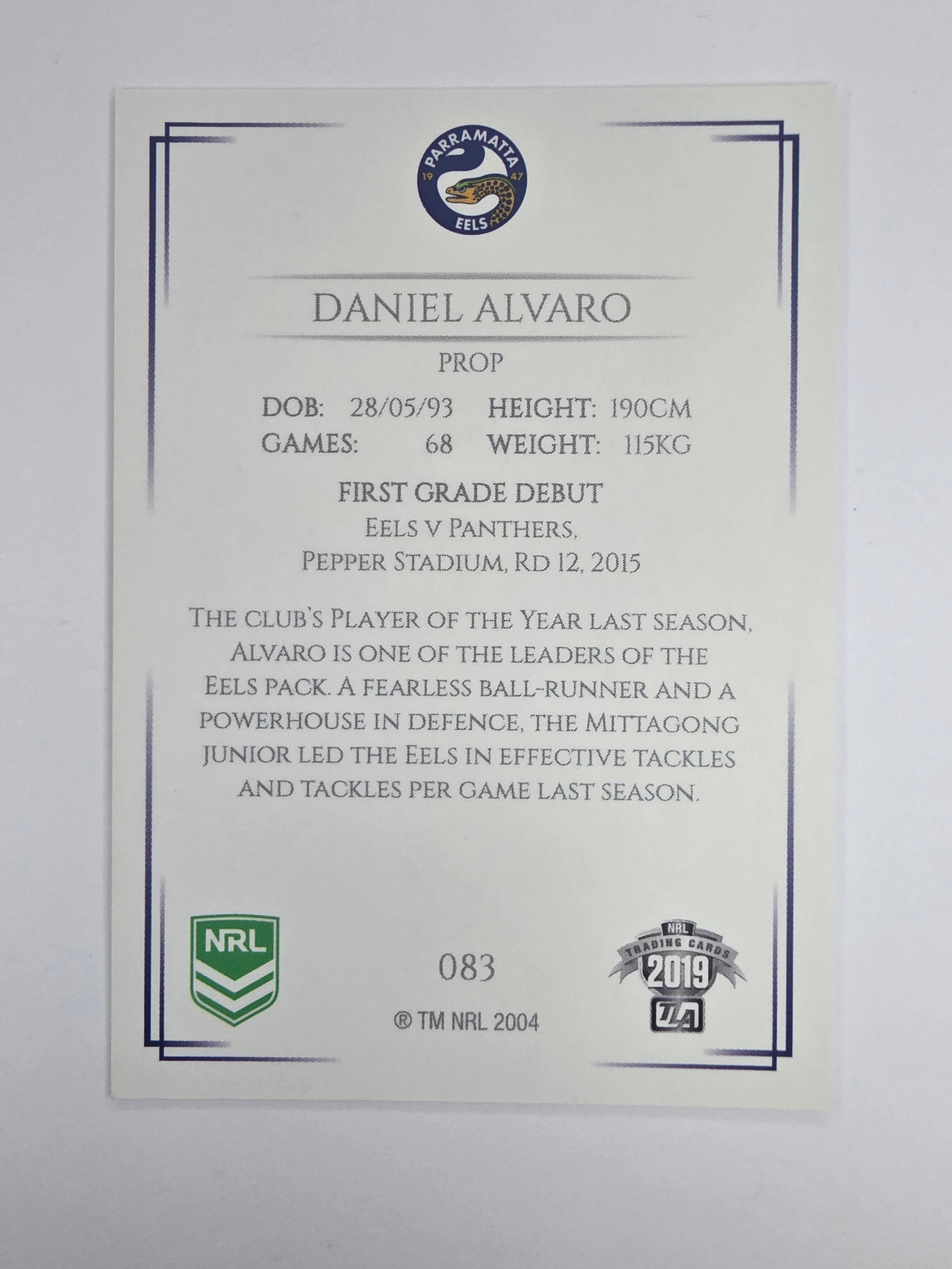 NRL 2019 Elite Base Card #83 Daniel Alvaro Parramatta Eels