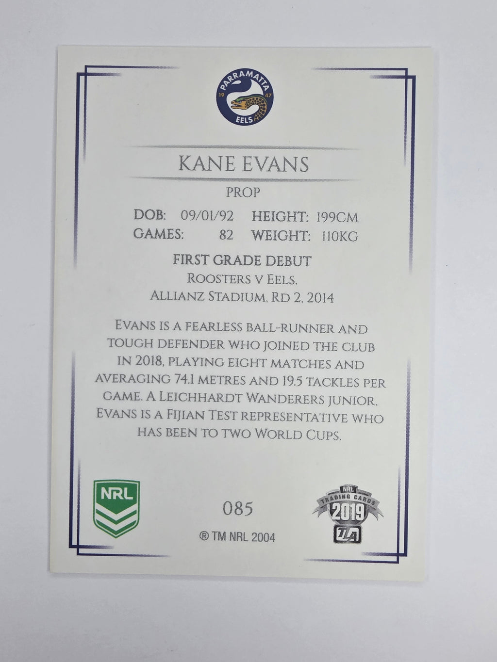 NRL 2019 Elite Base Card #85 Kane Evans Parramatta Eels