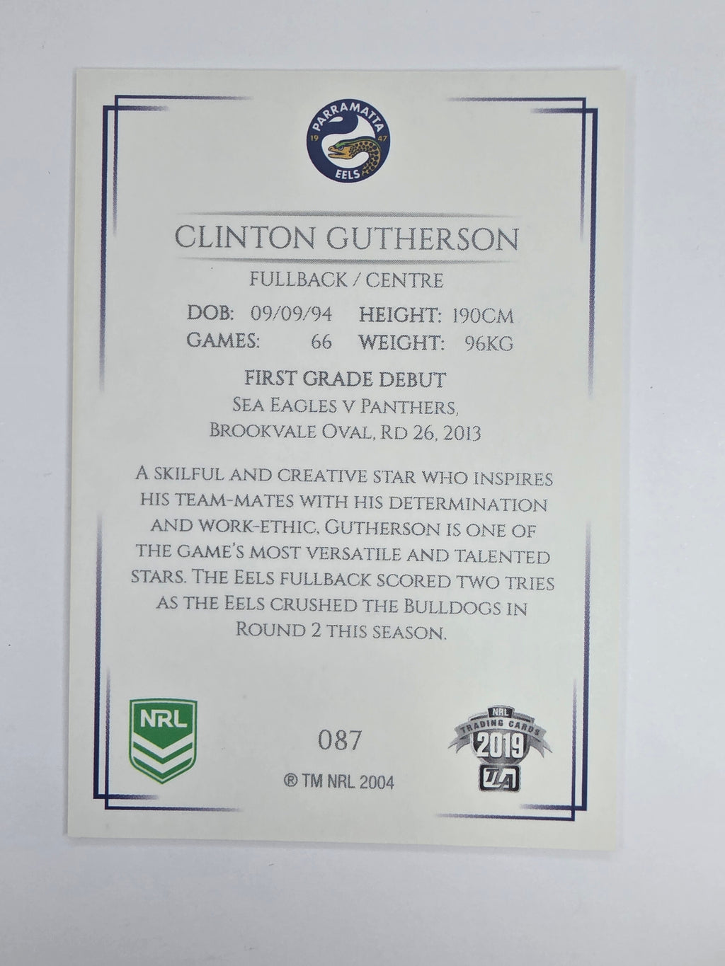 NRL 2019 Elite Base Card #87 Clinton Gutherson Parramatta Eels