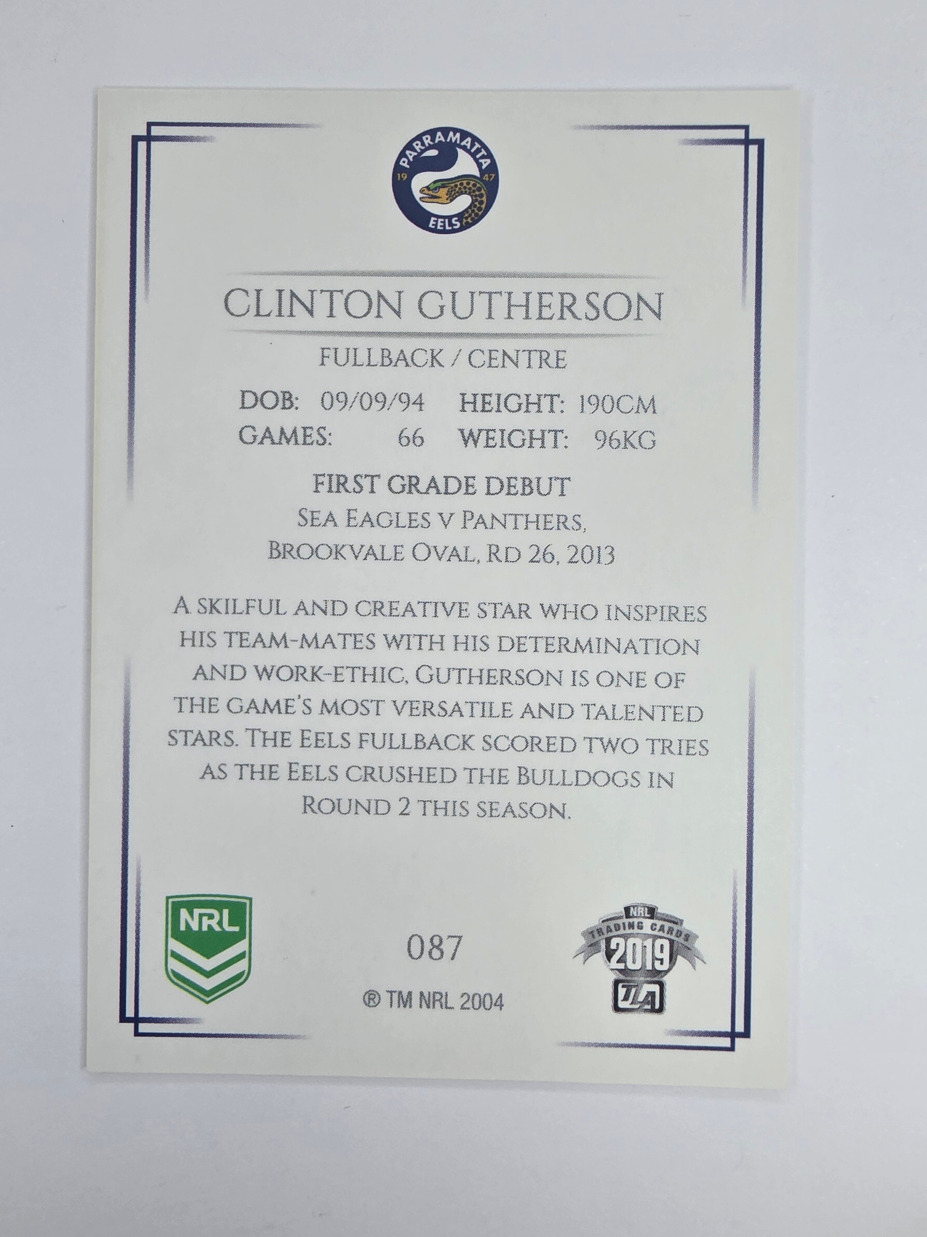 NRL 2019 Elite Base Card #87 Clinton Gutherson Parramatta Eels