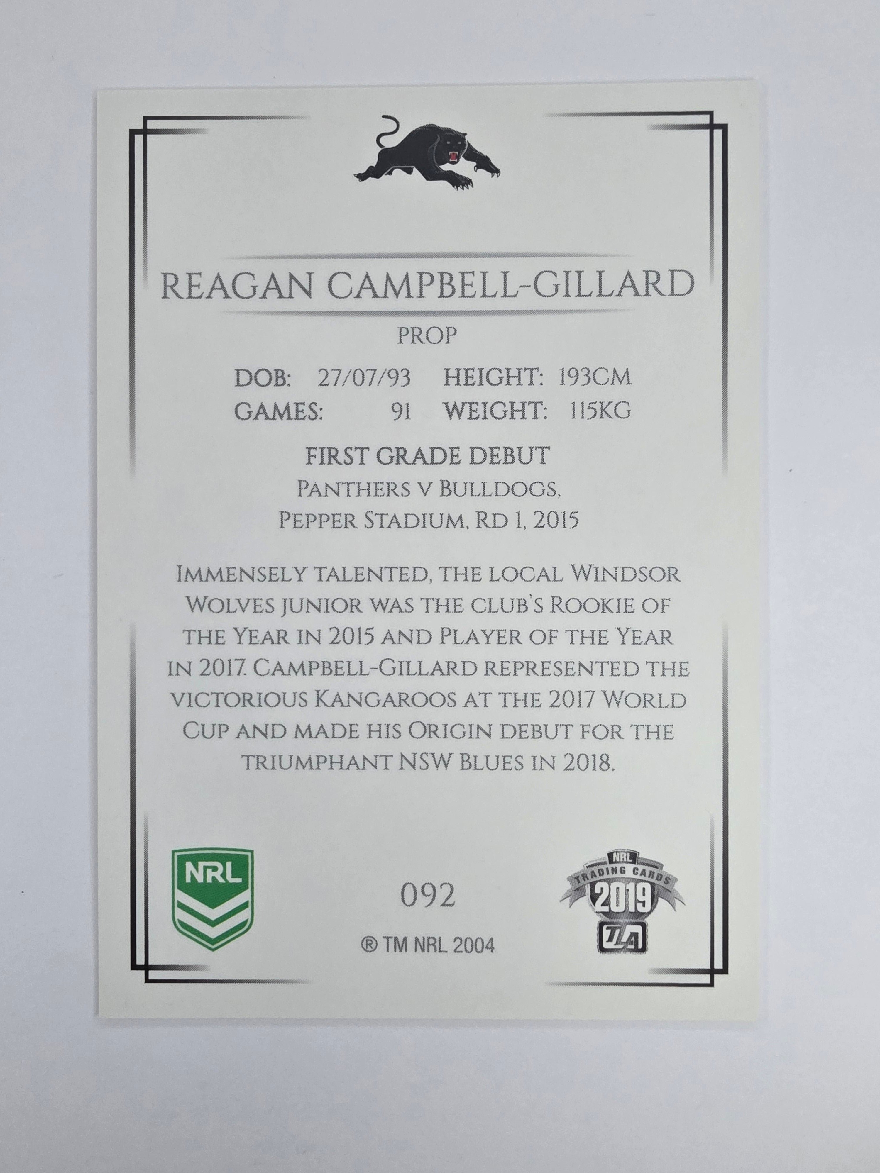 NRL 2019 Elite Base Card #92 Reagan Campbell-Gillard Penrith Panthers