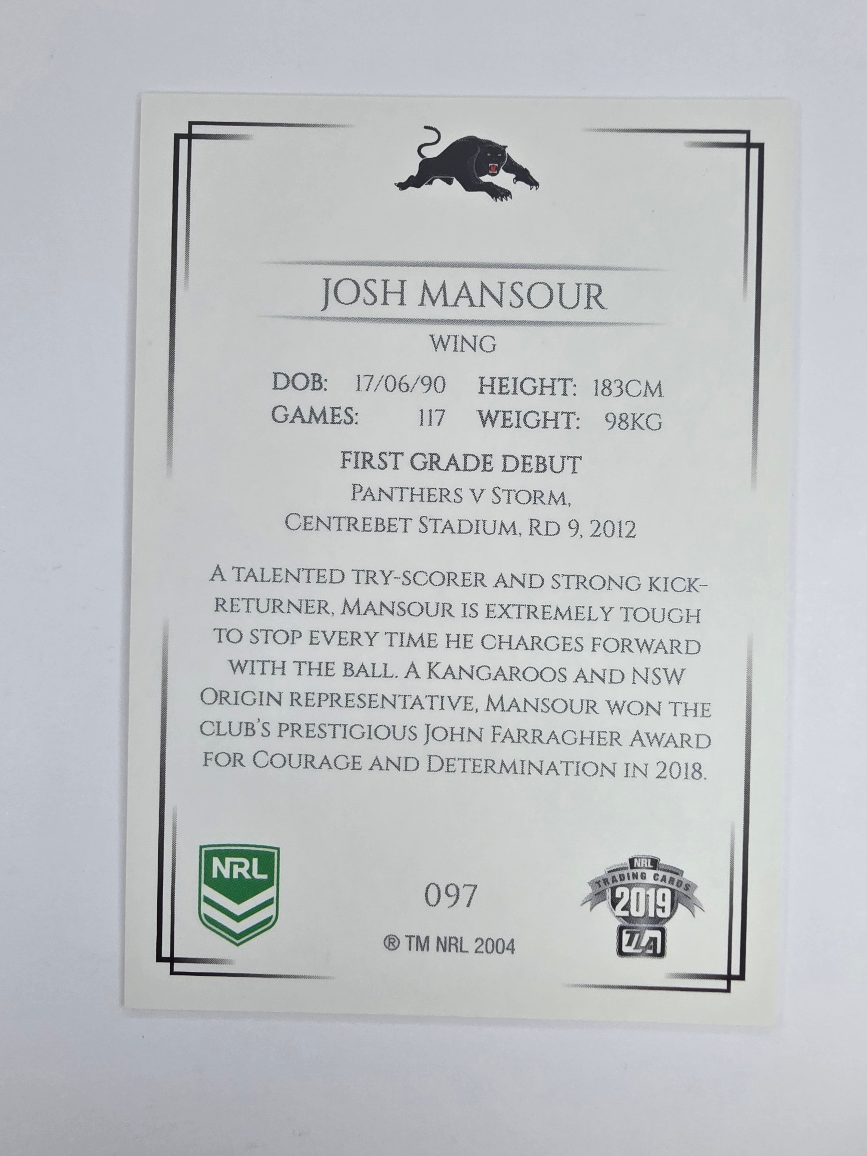 NRL 2019 Elite Base Card #97 Josh Mansour Penrith Panthers