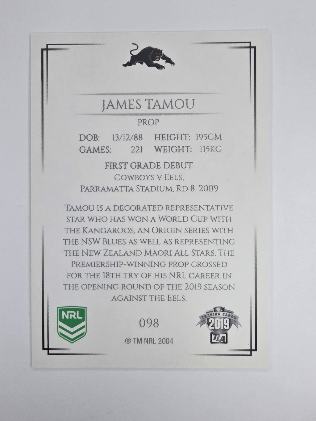 NRL 2019 Elite Base Card #98 James Tamou Penrith Panthers