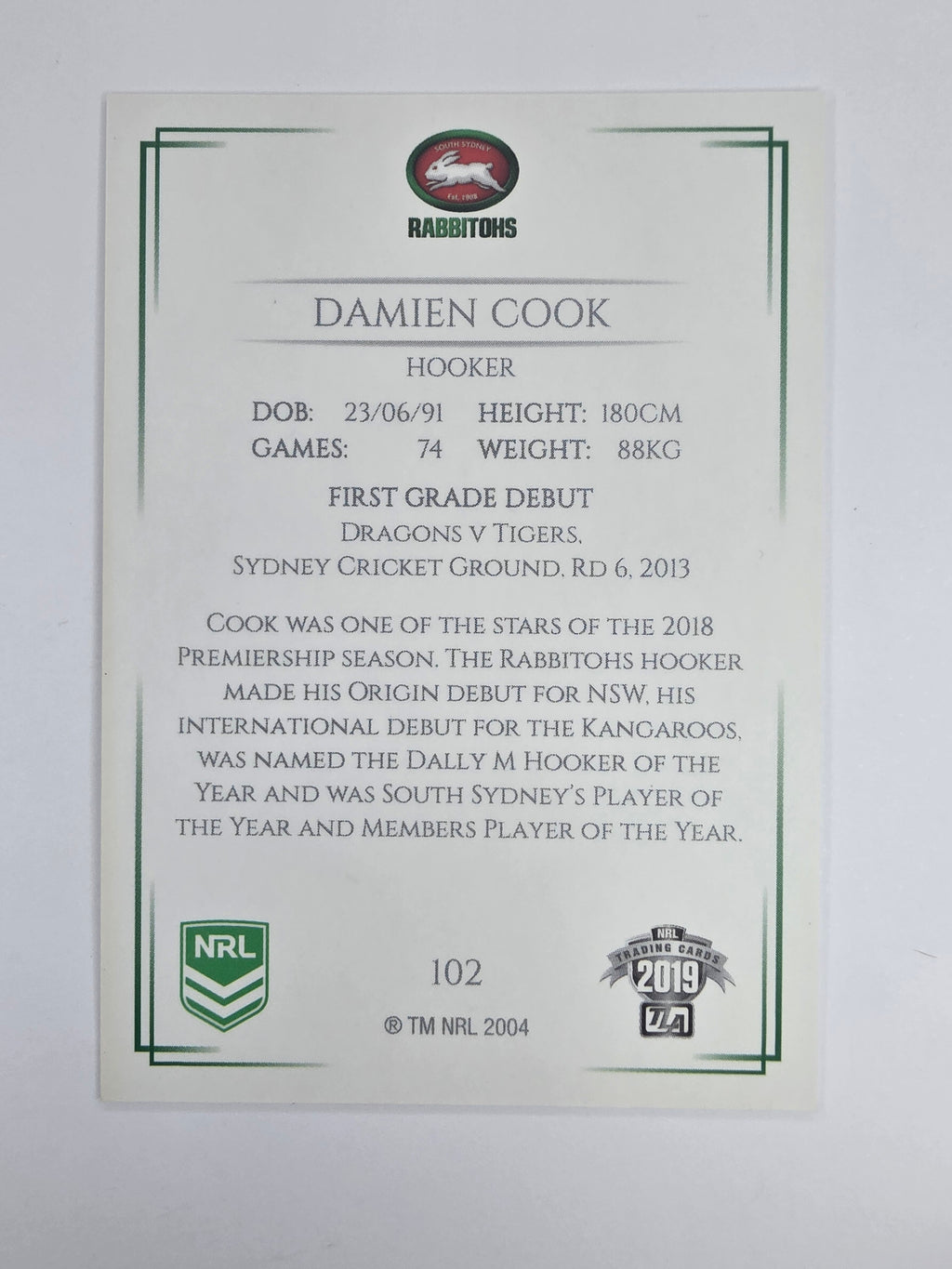 NRL 2019 Elite Base Card #102 Damien Cook South Sydney Rabbitohs