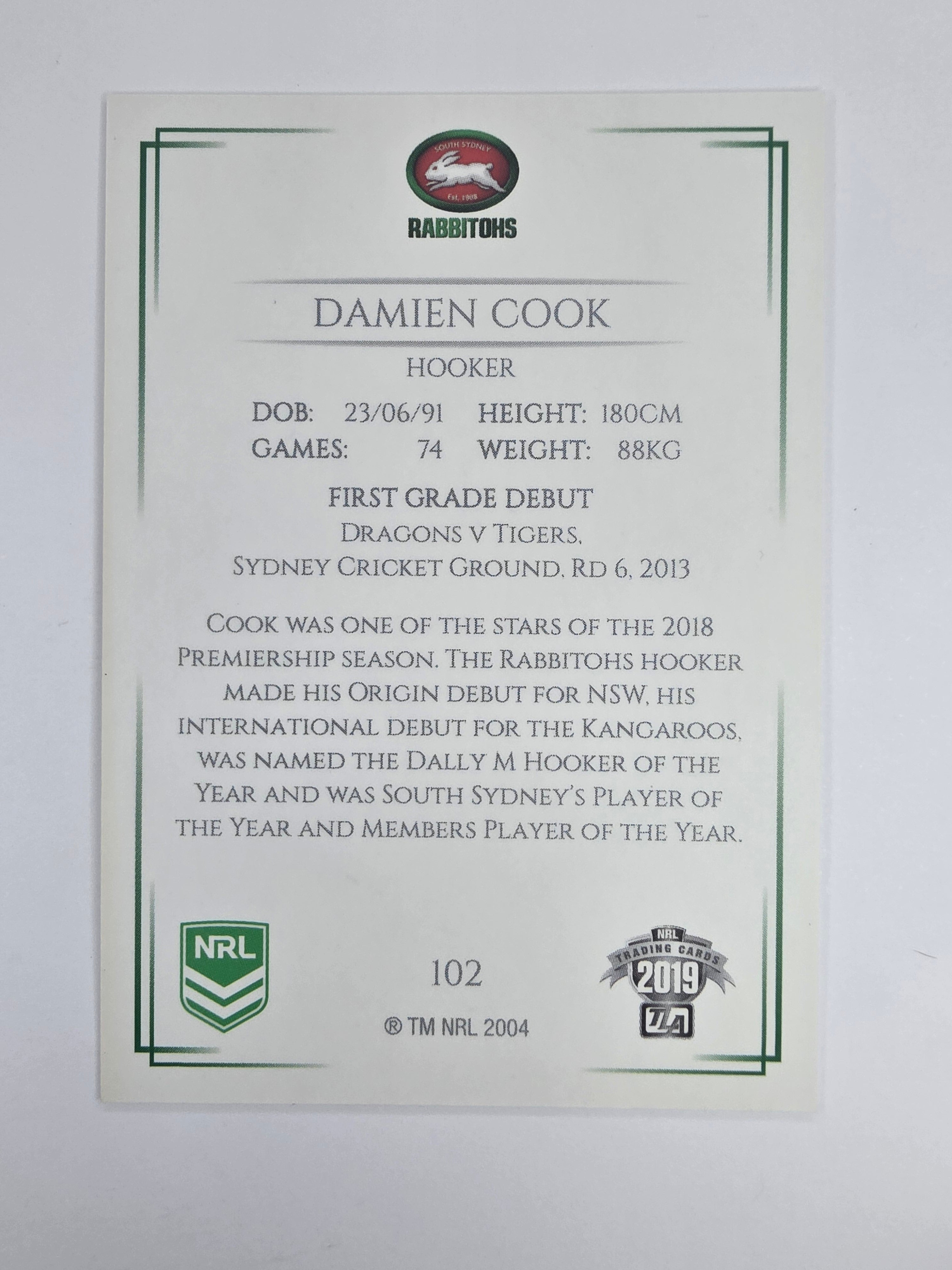 NRL 2019 Elite Base Card #102 Damien Cook South Sydney Rabbitohs