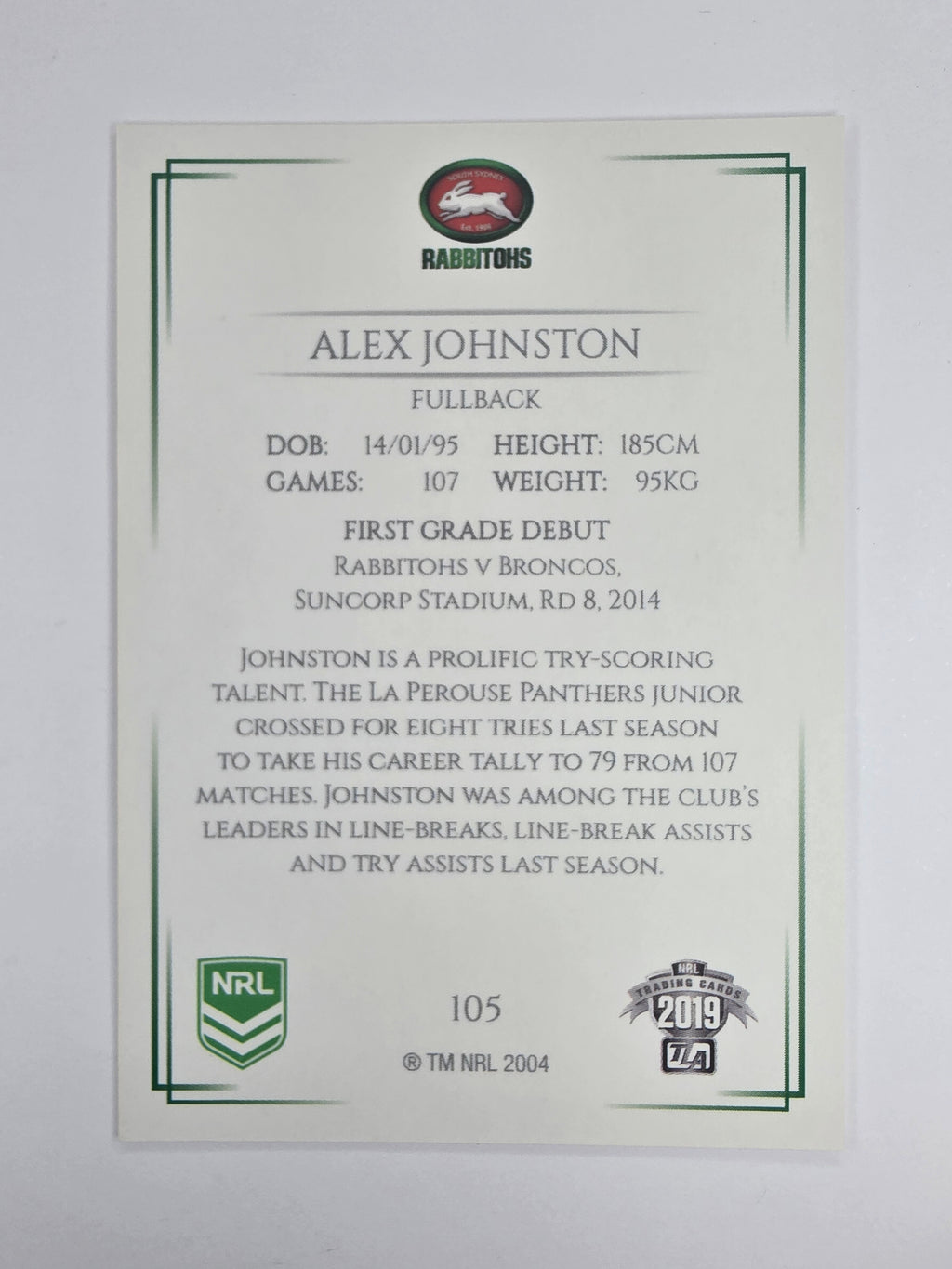 NRL 2019 Elite Base Card #105 Alex Johnston South Sydney Rabbitohs