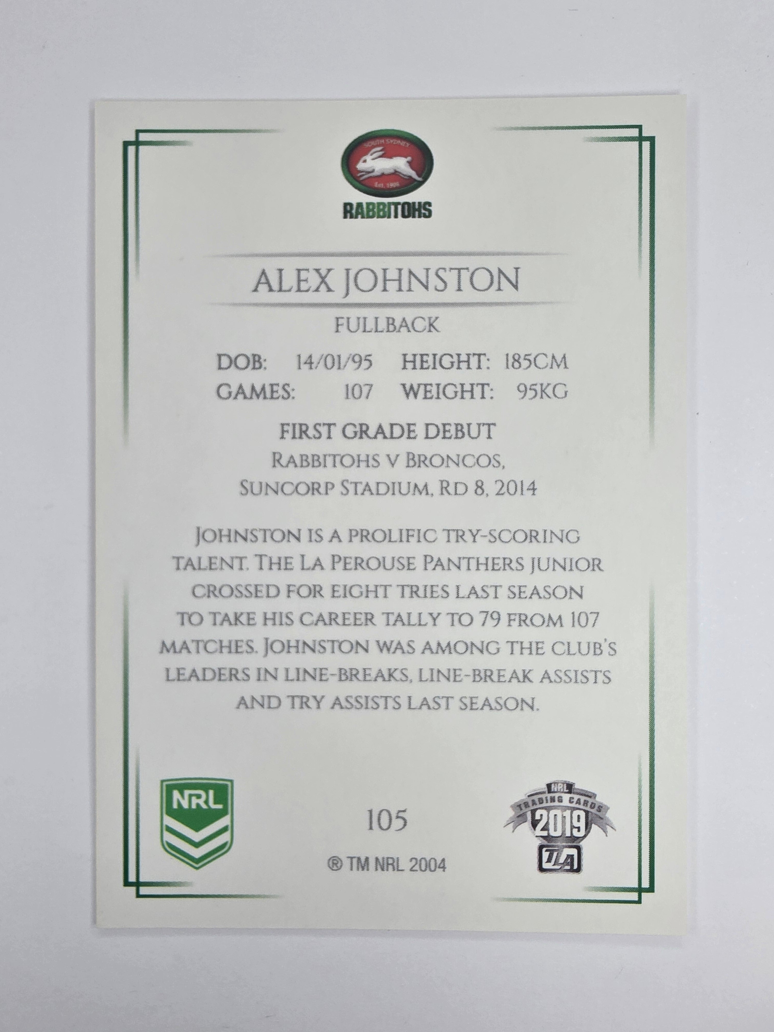 NRL 2019 Elite Base Card #105 Alex Johnston South Sydney Rabbitohs