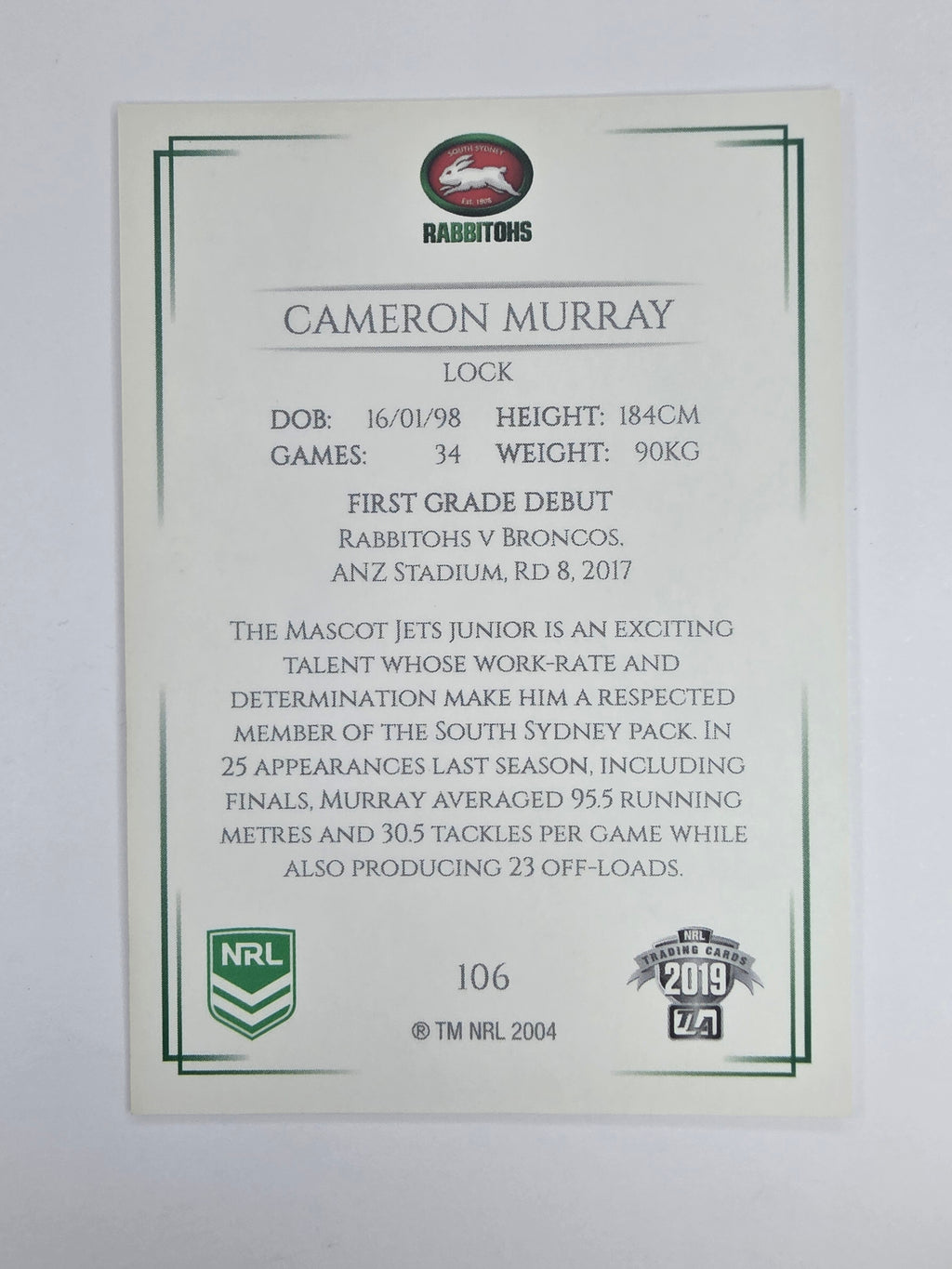NRL 2019 Elite Base Card #106 Cameron Murray South Sydney Rabbitohs