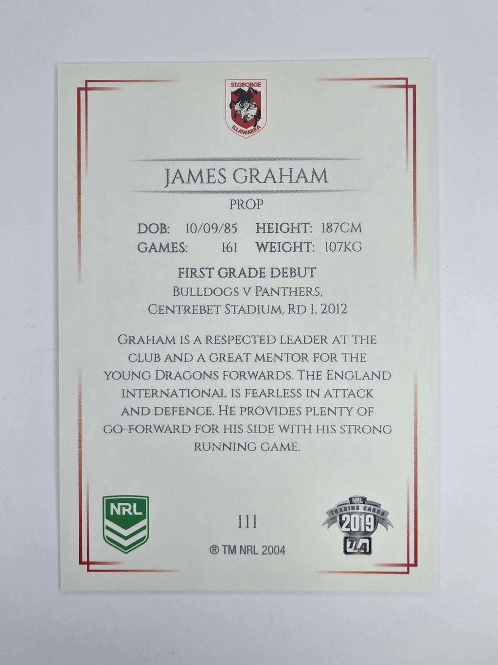 NRL 2019 Elite Base Card #111 James Graham St George Illawarra Dragons