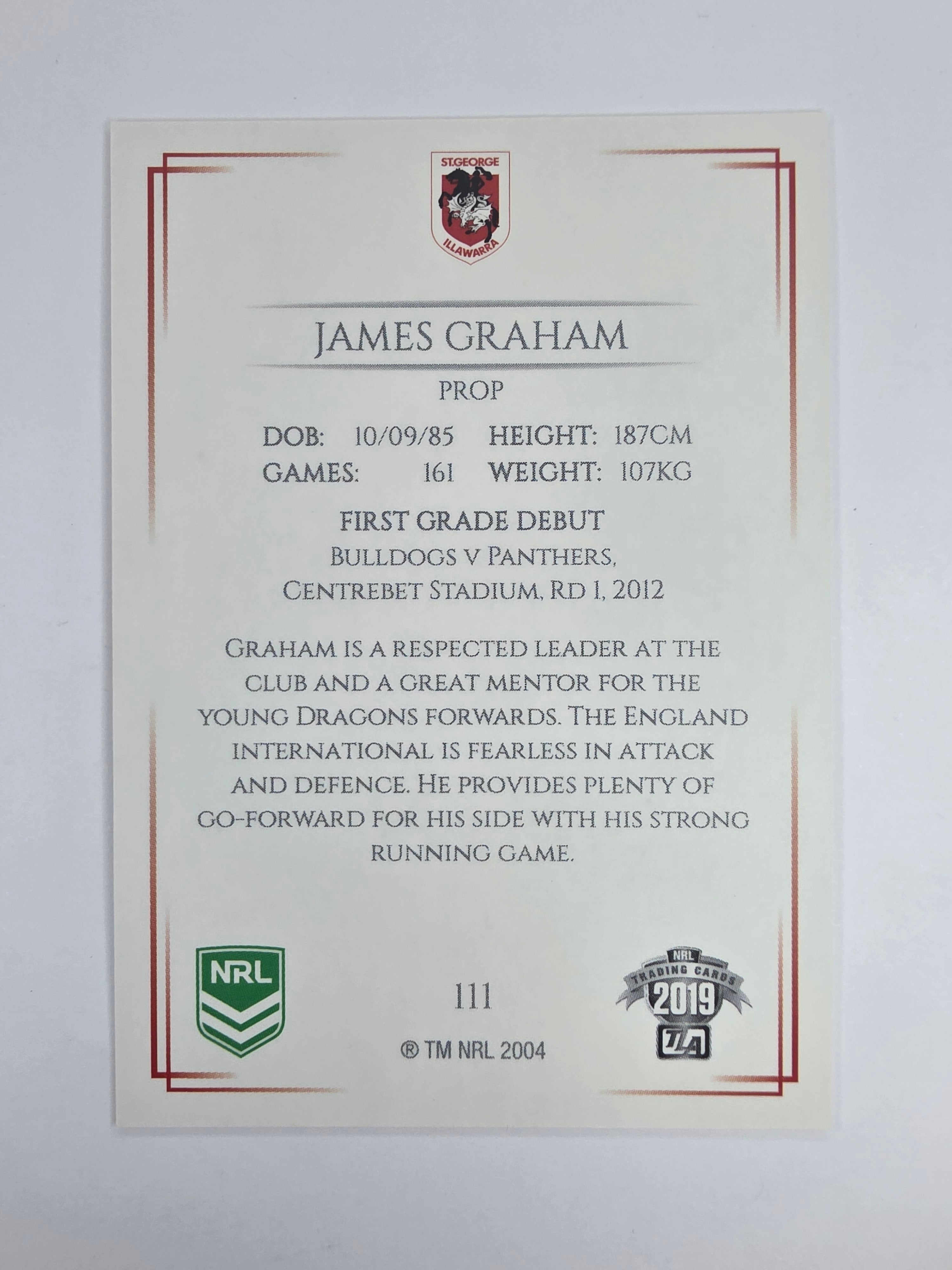 NRL 2019 Elite Base Card #111 James Graham St George Illawarra Dragons