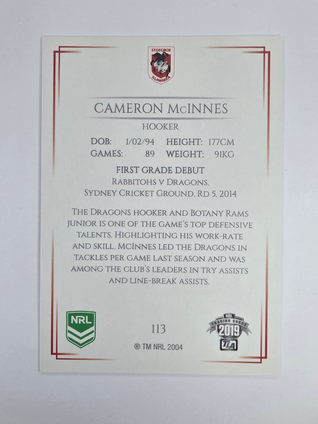 NRL 2019 Elite Base Card #113 Cameron McInnes St George Illawarra Dragons