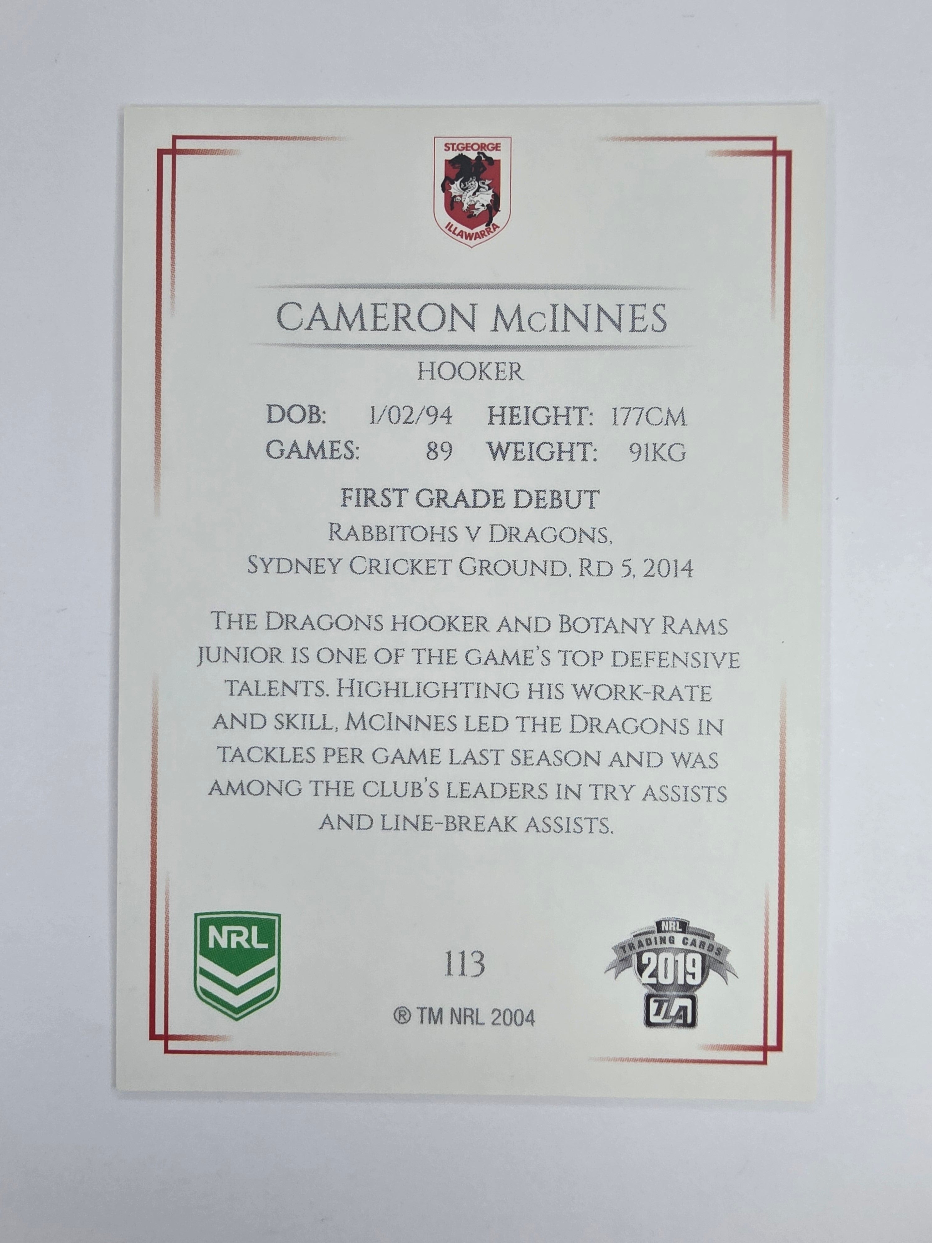NRL 2019 Elite Base Card #113 Cameron McInnes St George Illawarra Dragons