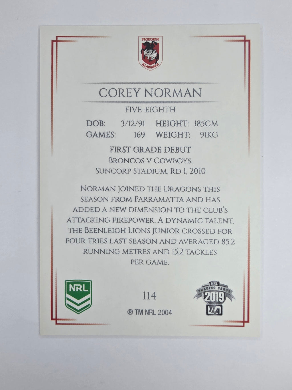 NRL 2019 Elite Base Card #114 Corey Norman St George Illawarra Dragons