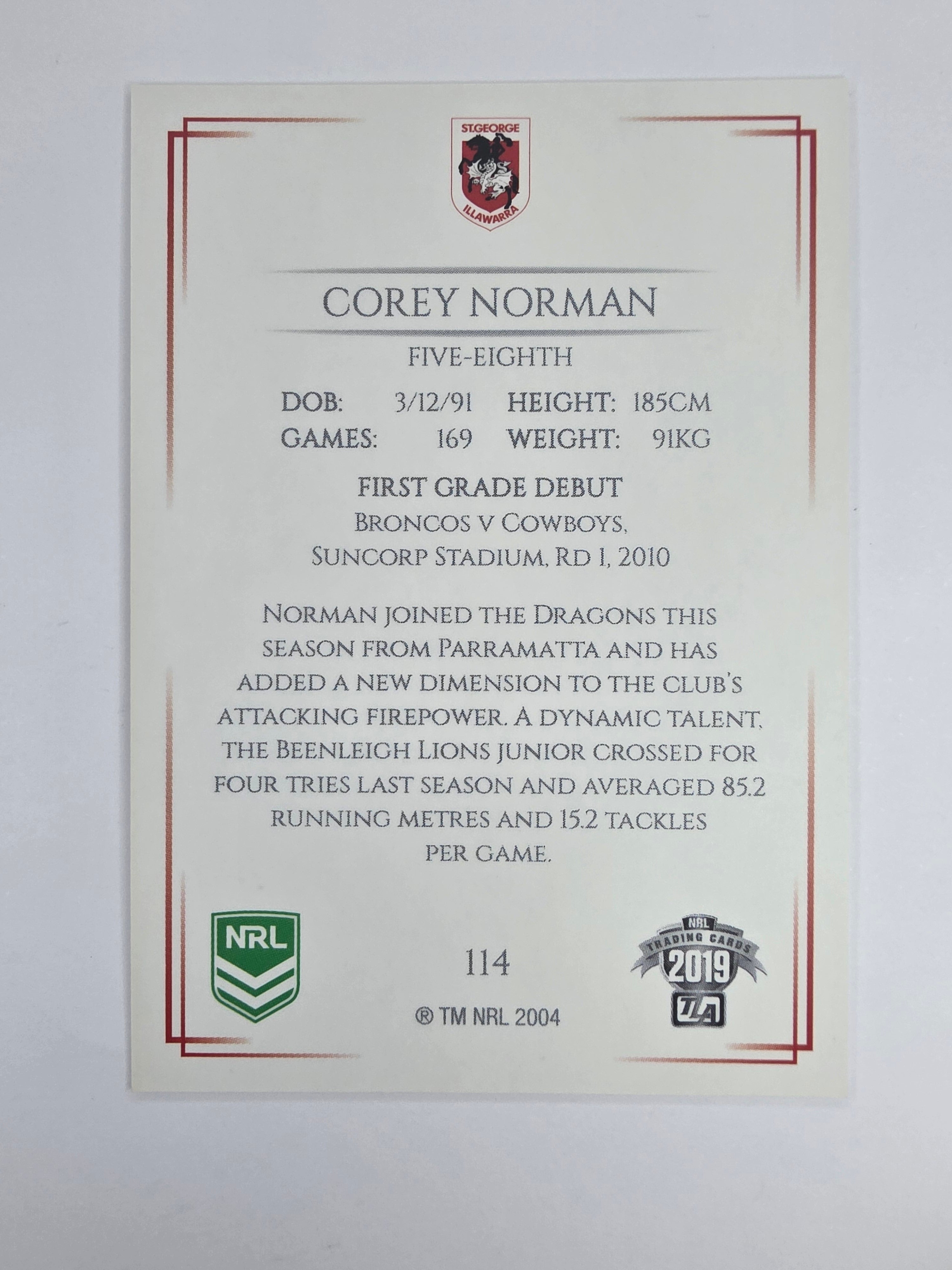 NRL 2019 Elite Base Card #114 Corey Norman St George Illawarra Dragons