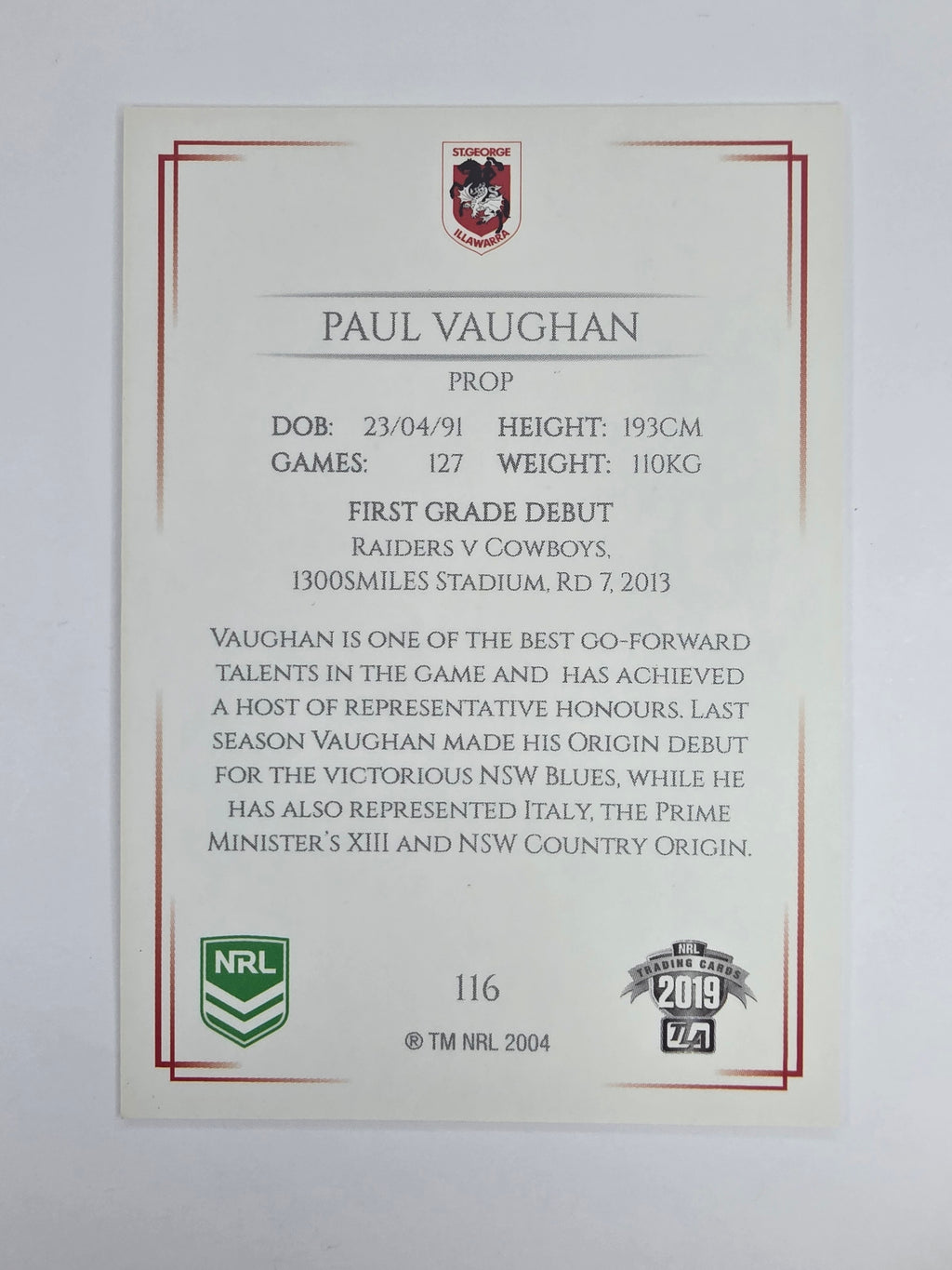 NRL 2019 Elite Base Card #116 Paul Vaughan St George Illawarra Dragons