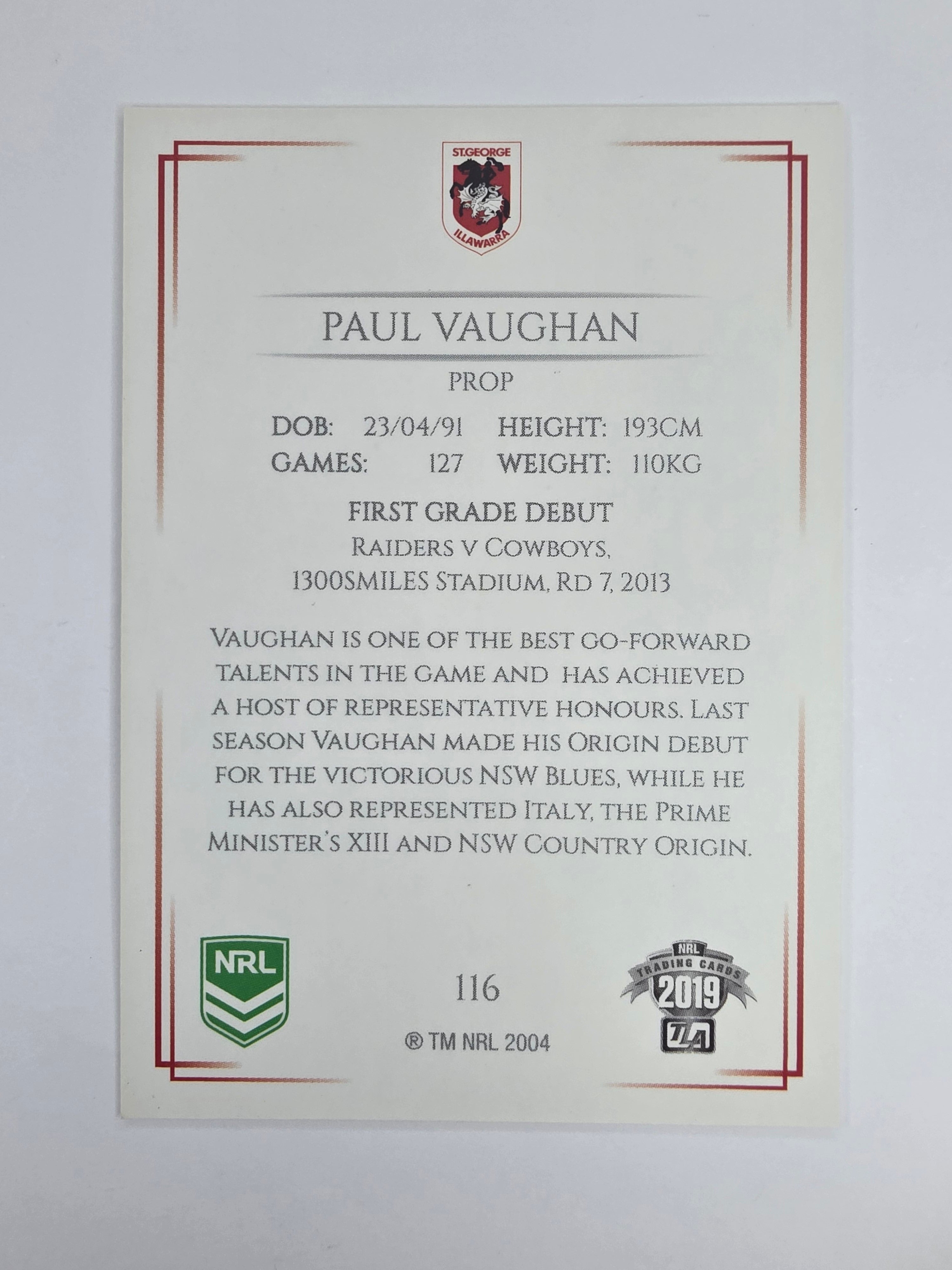 NRL 2019 Elite Base Card #116 Paul Vaughan St George Illawarra Dragons