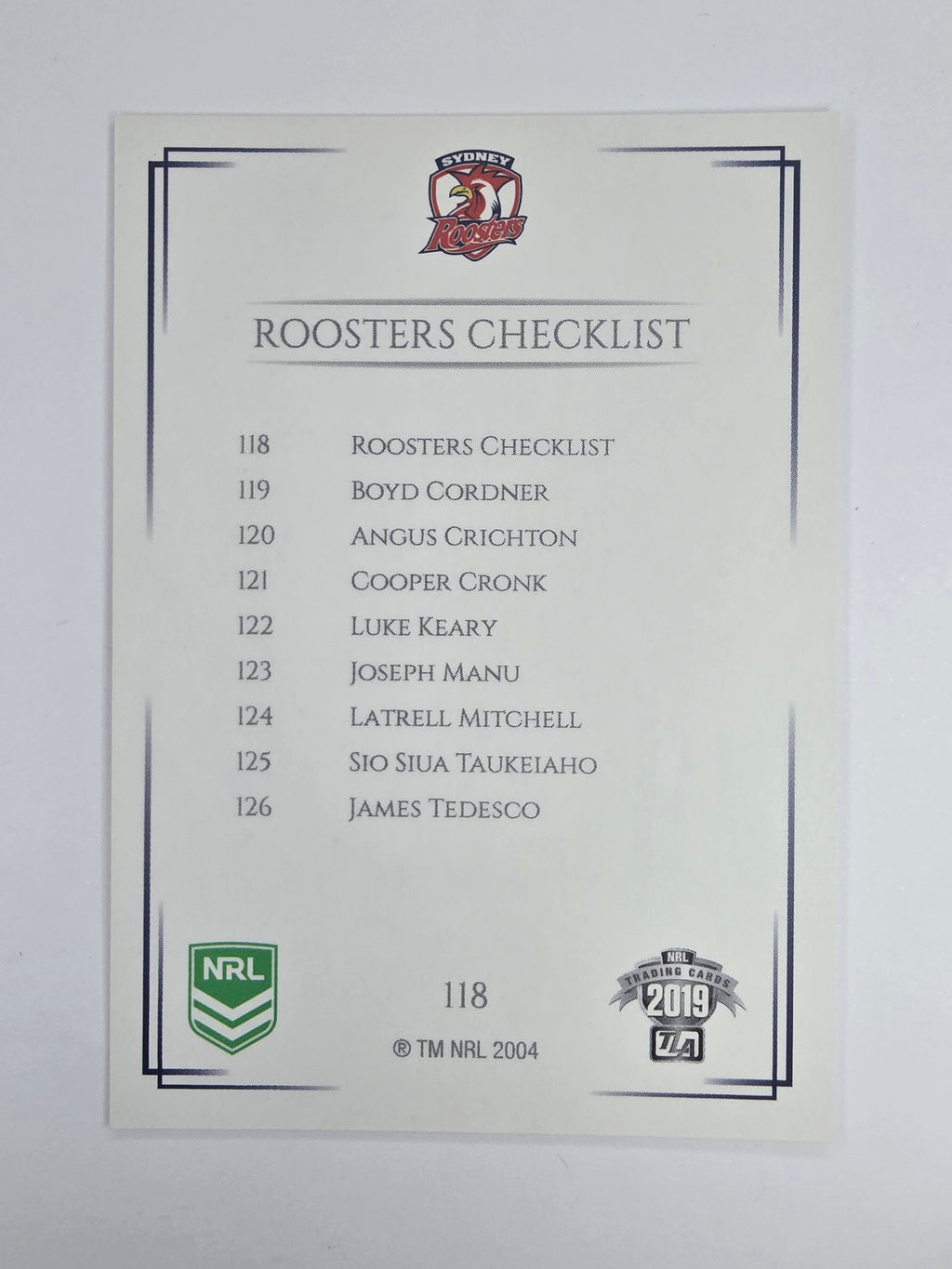 NRL 2019 Elite Base Card #118 Checklist Sydney Roosters