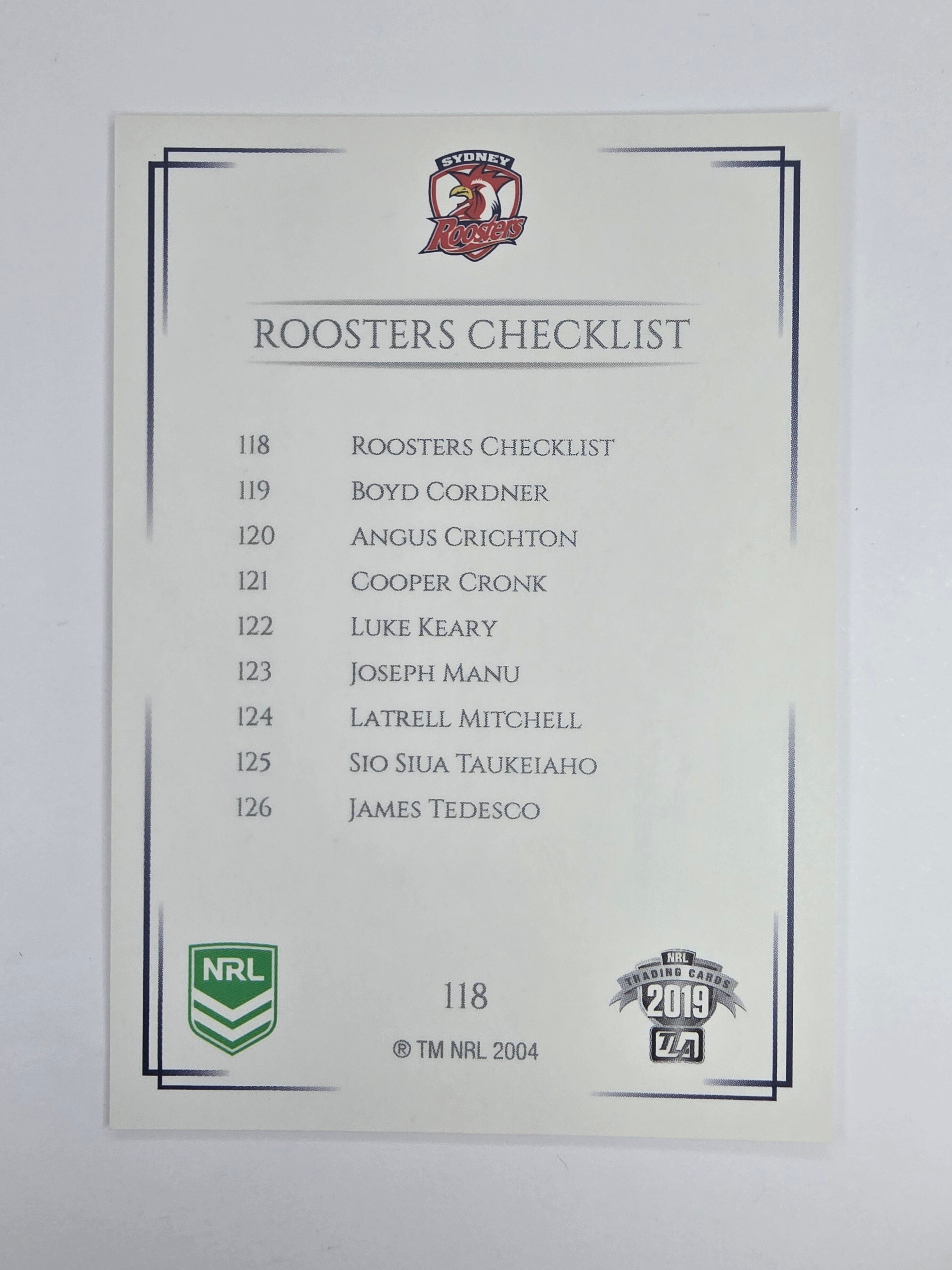 NRL 2019 Elite Base Card #118 Checklist Sydney Roosters