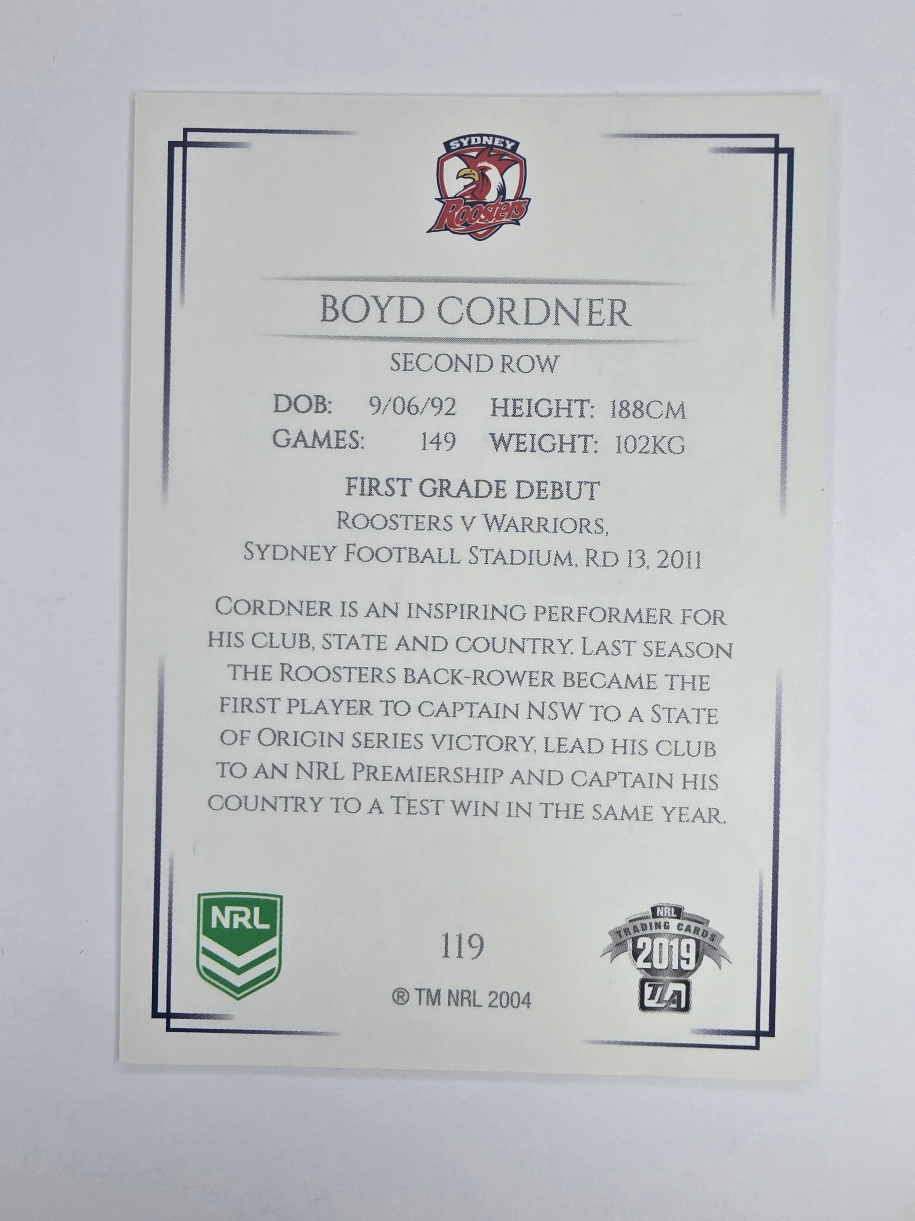 NRL 2019 Elite Base Card #119 Boyd Cordner Sydney Roosters