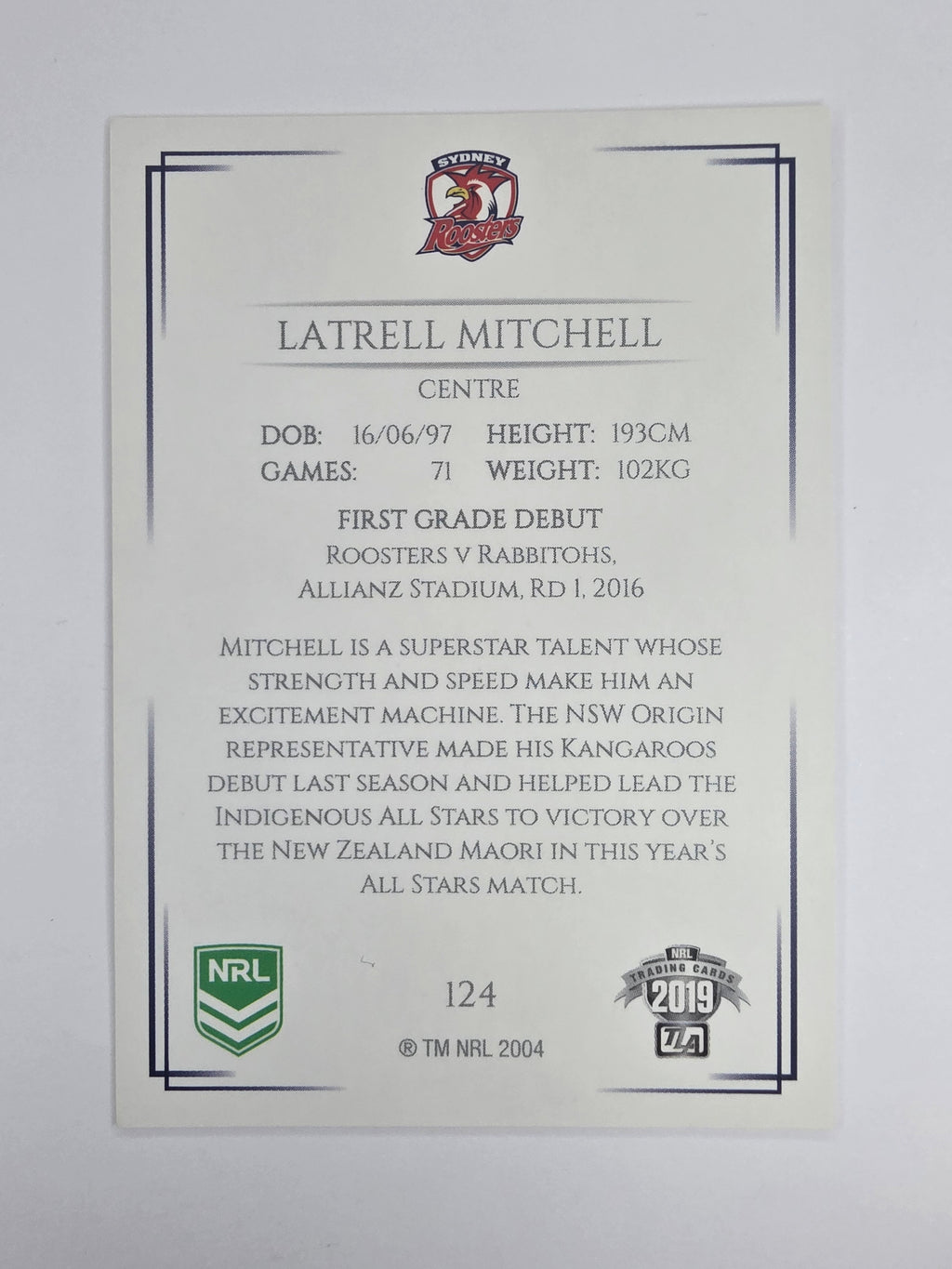 NRL 2019 Elite Base Card #124 Latrell Mitchell Sydney Roosters