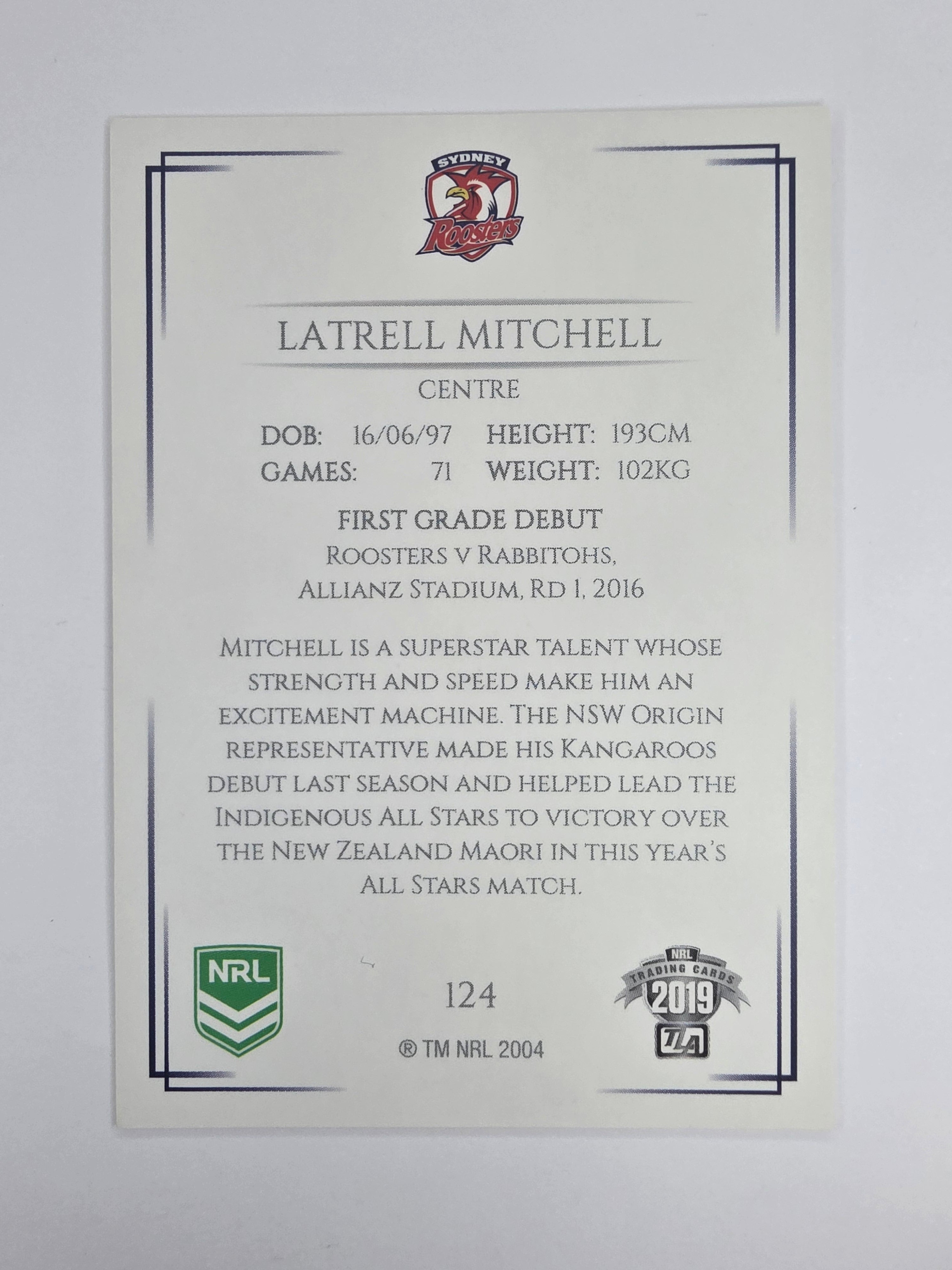 NRL 2019 Elite Base Card #124 Latrell Mitchell Sydney Roosters