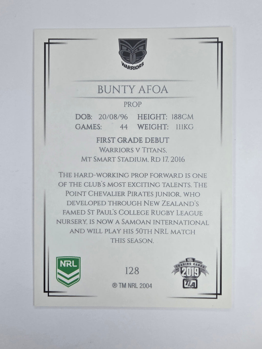 NRL 2019 Elite Base Card #128 Bunty Afoa New Zealand Warriors