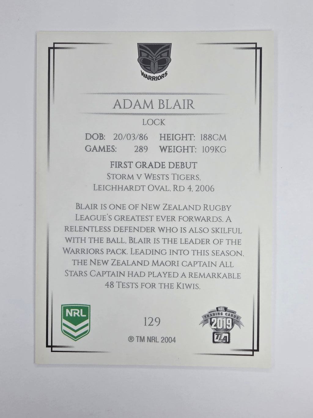 NRL 2019 Elite Base Card #129 Adam Blair New Zealand Warriors
