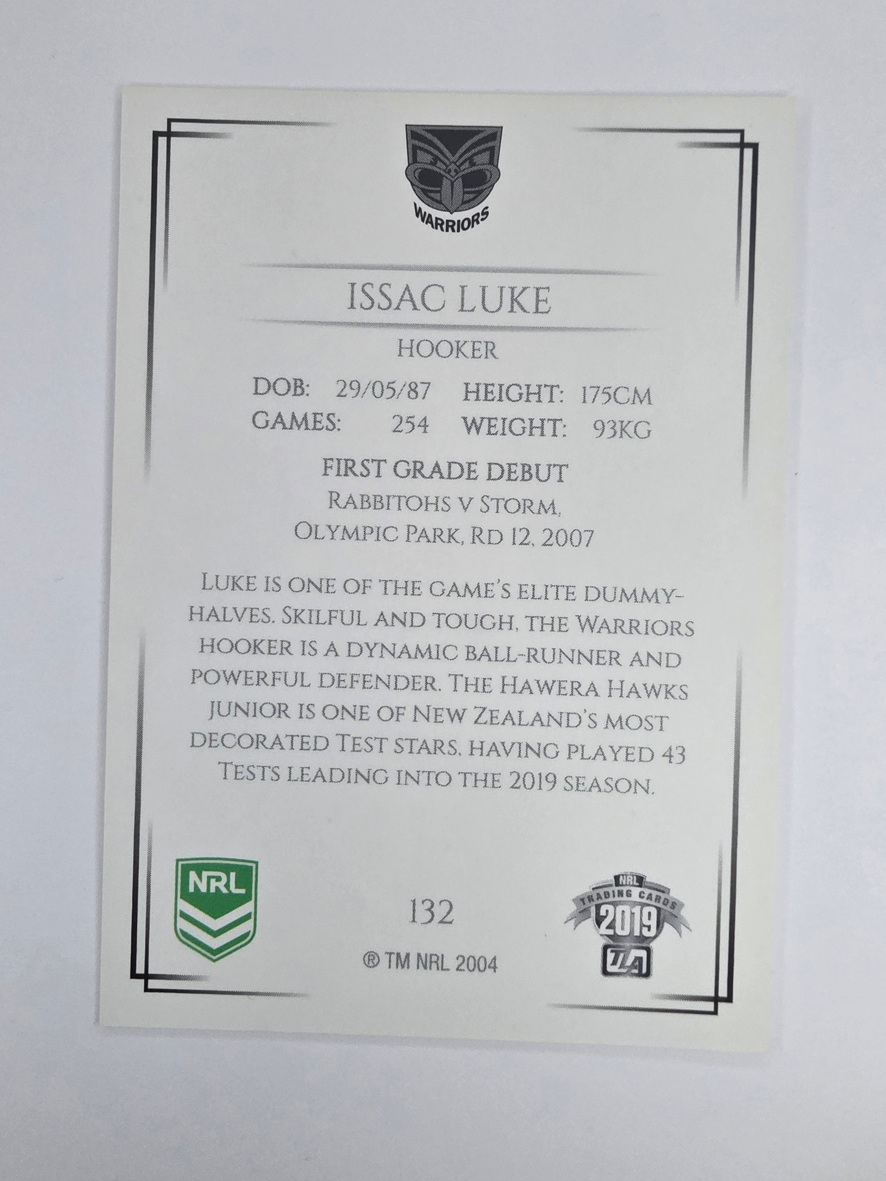NRL 2019 Elite Base Card #132 Issac Luke New Zealand Warriors