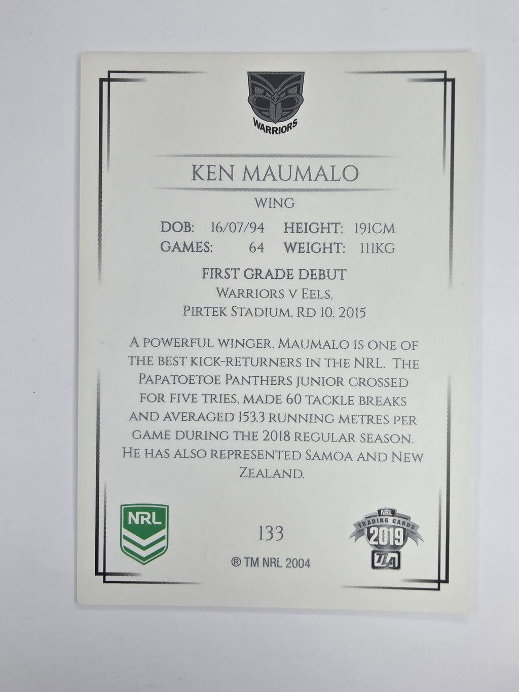 NRL 2019 Elite Base Card #133 Ken Maumalo New Zealand Warriors