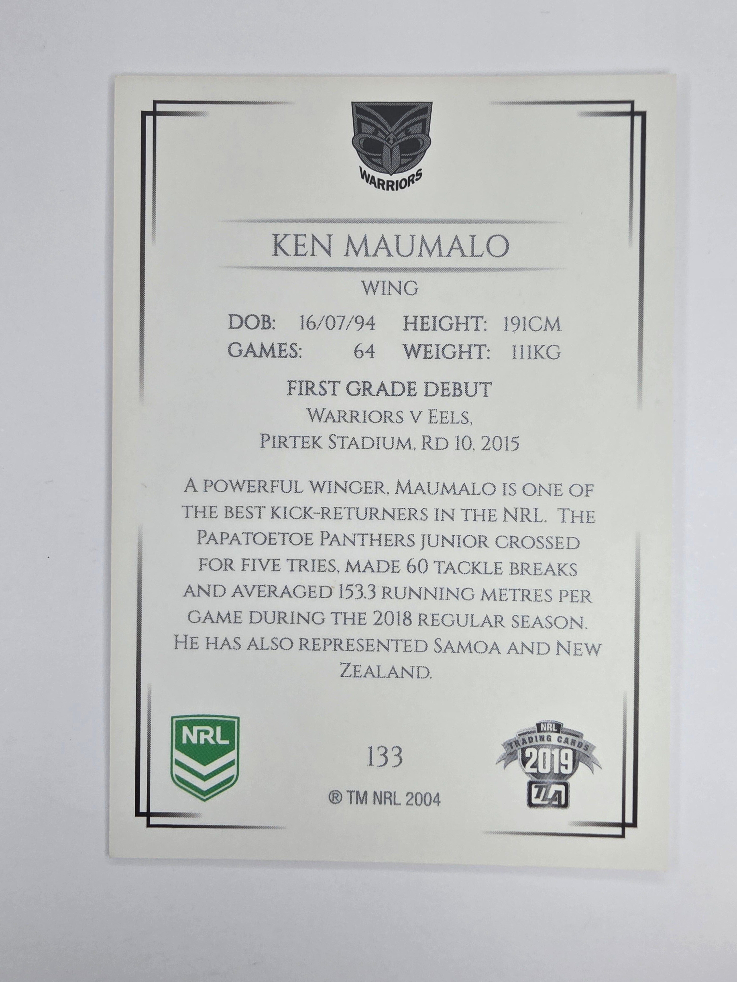 NRL 2019 Elite Base Card #133 Ken Maumalo New Zealand Warriors